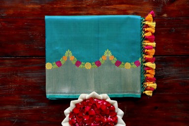 Peacock Blue Floral Border Pure Silk Banarasi Saree | Stuti Weaves