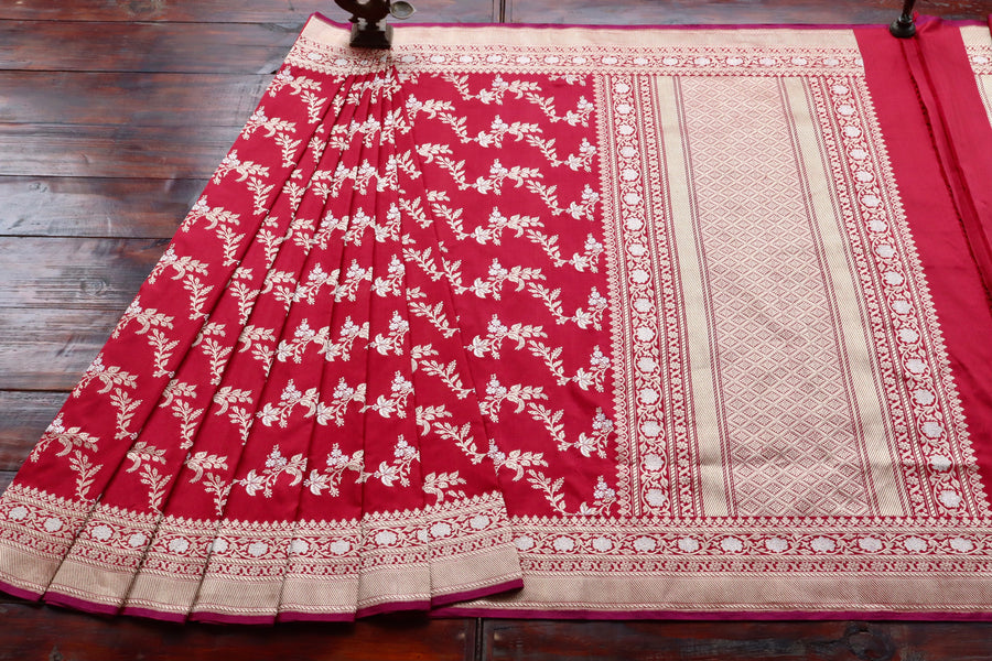 Deep Red Kadhua Phool Jangla Katan Silk Saree