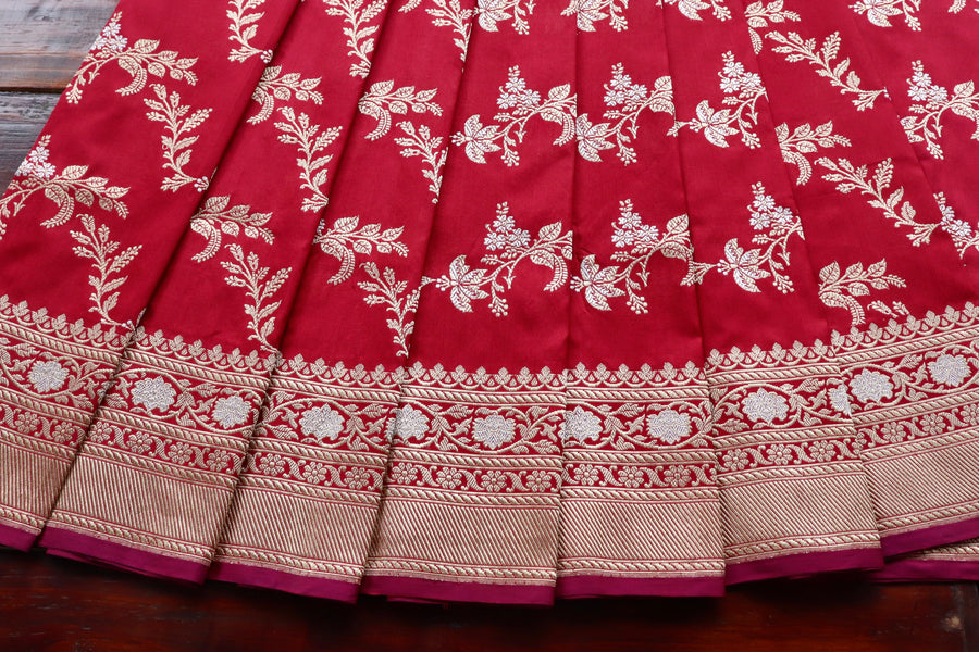 Deep Red Kadhua Phool Jangla Katan Silk Saree