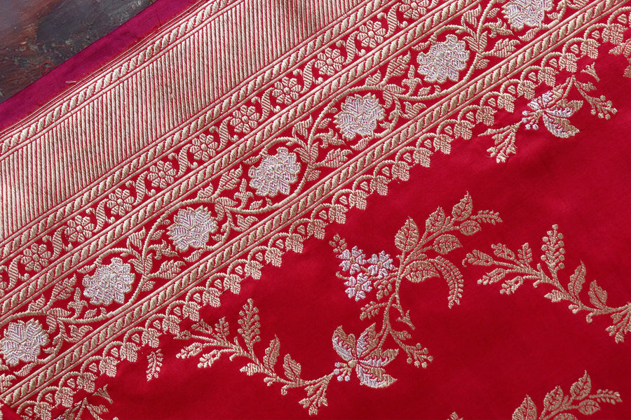 Deep Red Kadhua Phool Jangla Katan Silk Saree