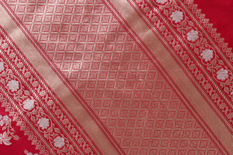 Deep Red Kadhua Phool Jangla Katan Silk Saree