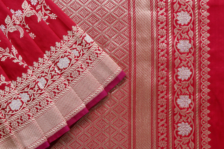 Deep Red Kadhua Phool Jangla Katan Silk Saree
