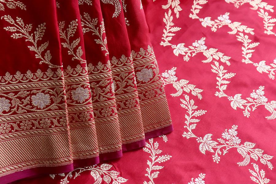 Deep Red Kadhua Phool Jangla Katan Silk Saree