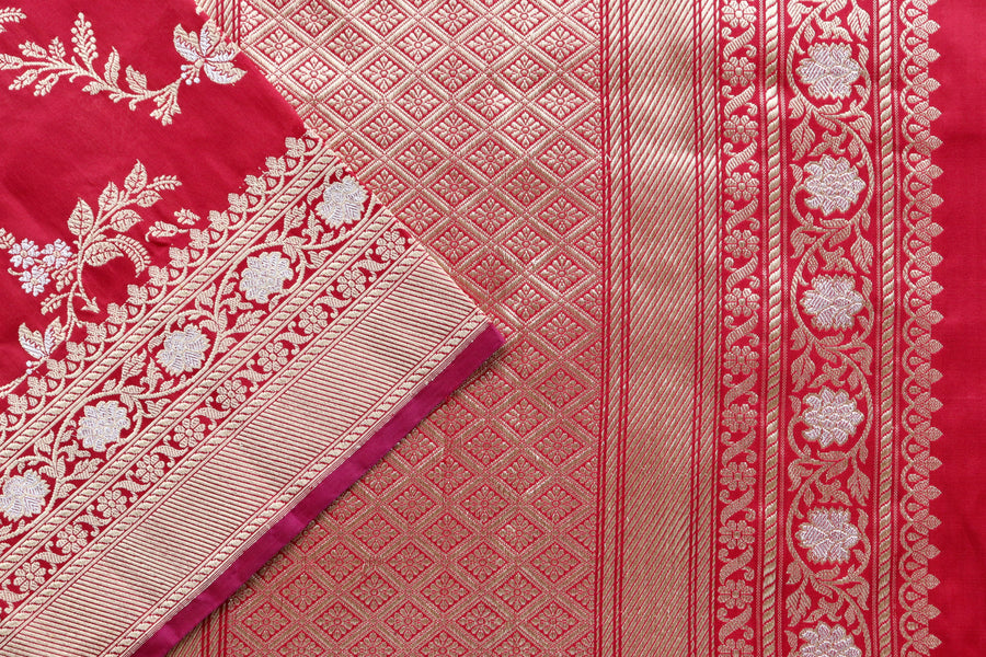 Deep Red Kadhua Phool Jangla Katan Silk Saree