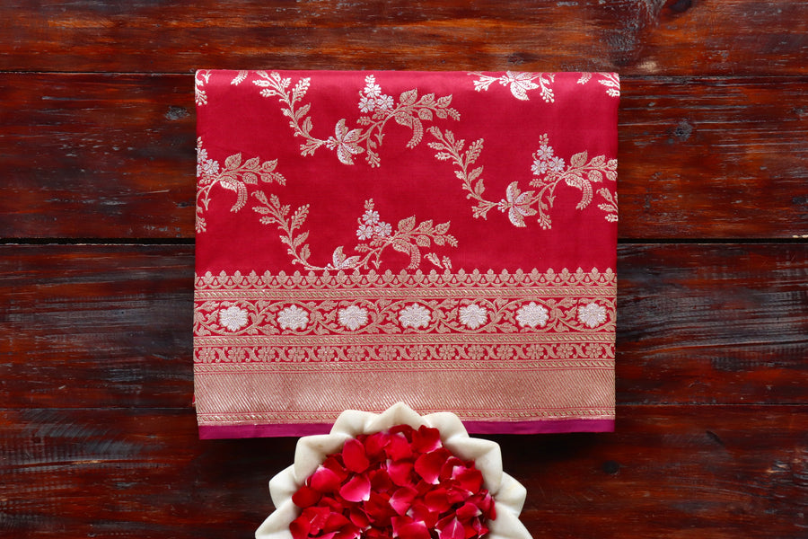 Deep Red handloom Banarsi saree with kadhua motifs in Katan silk