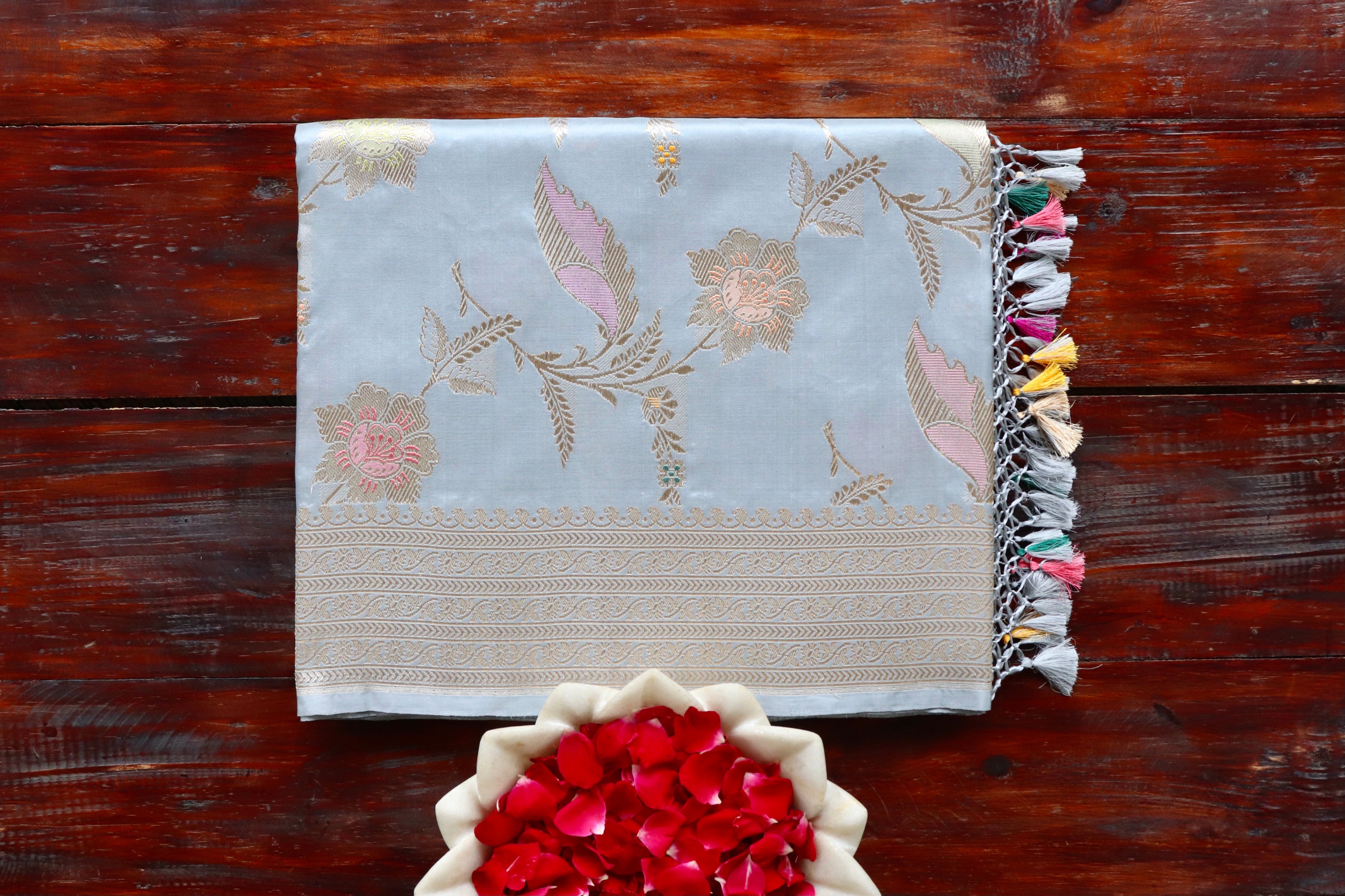 Gray Meenadar Pure Silk Handloom Banarasi Jangla Saree