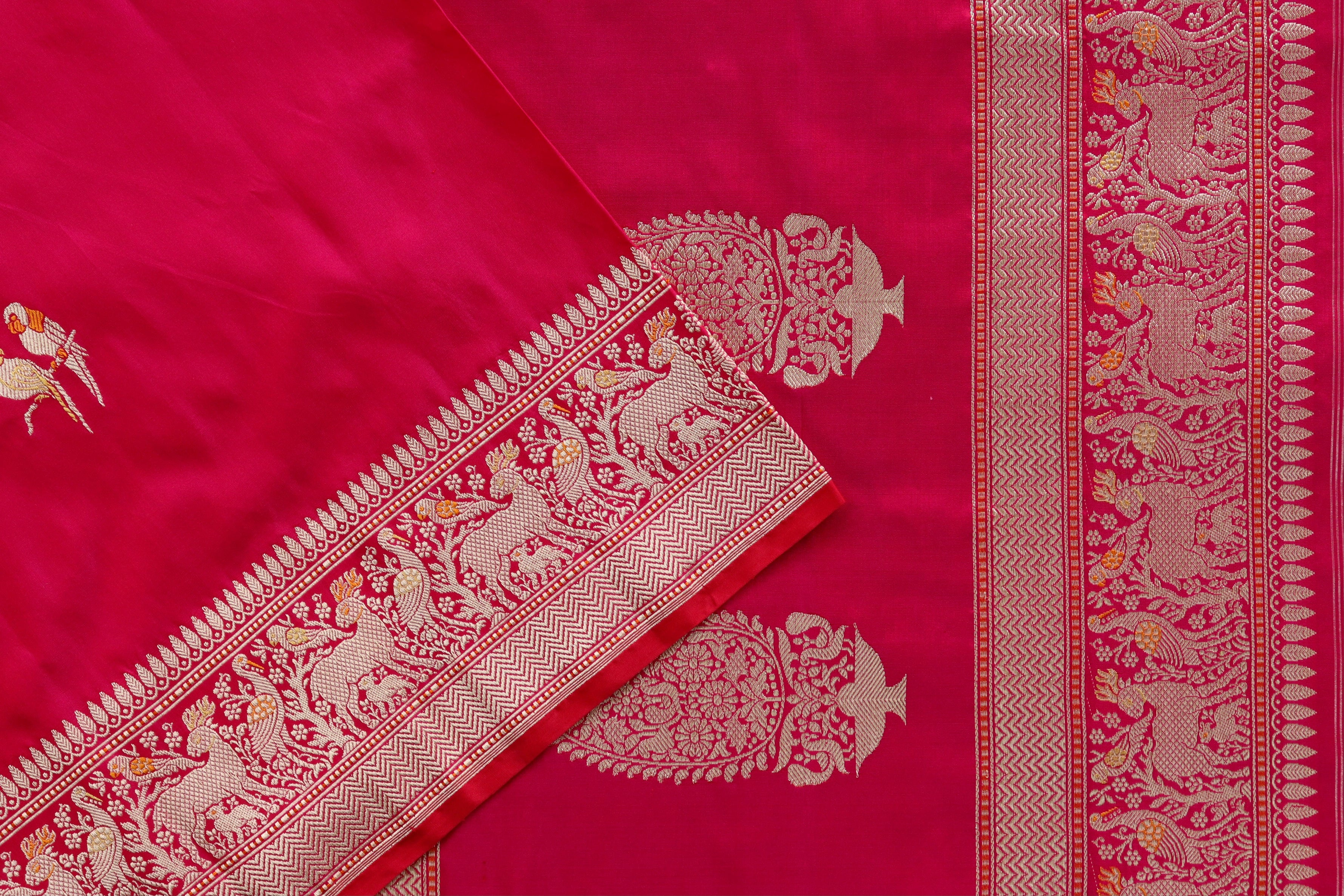 Bright Pink Bird Motif Pure Silk Handloom Banarasi Saree