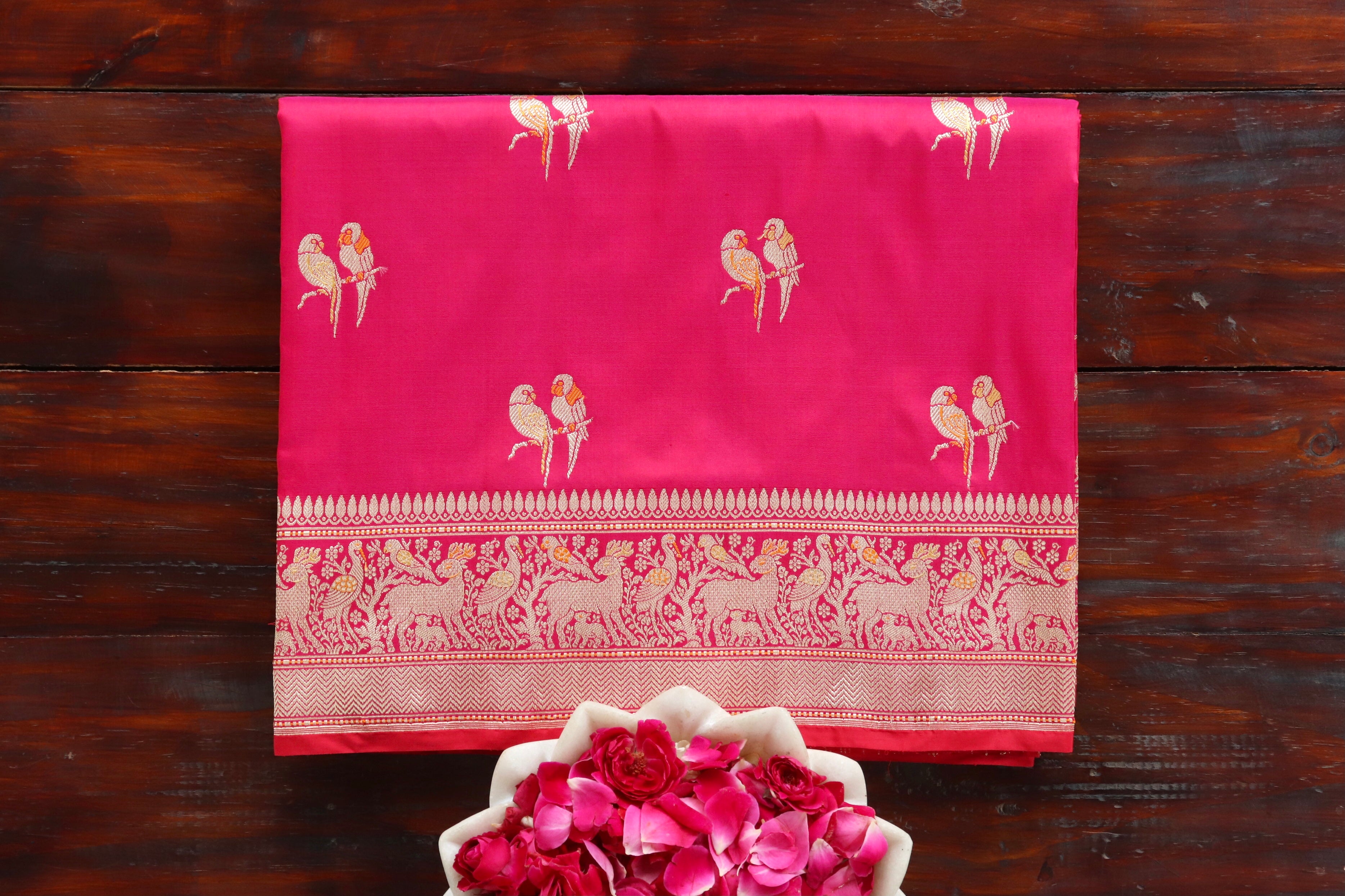 Bright Pink Bird Motif Pure Silk Handloom Banarasi Saree