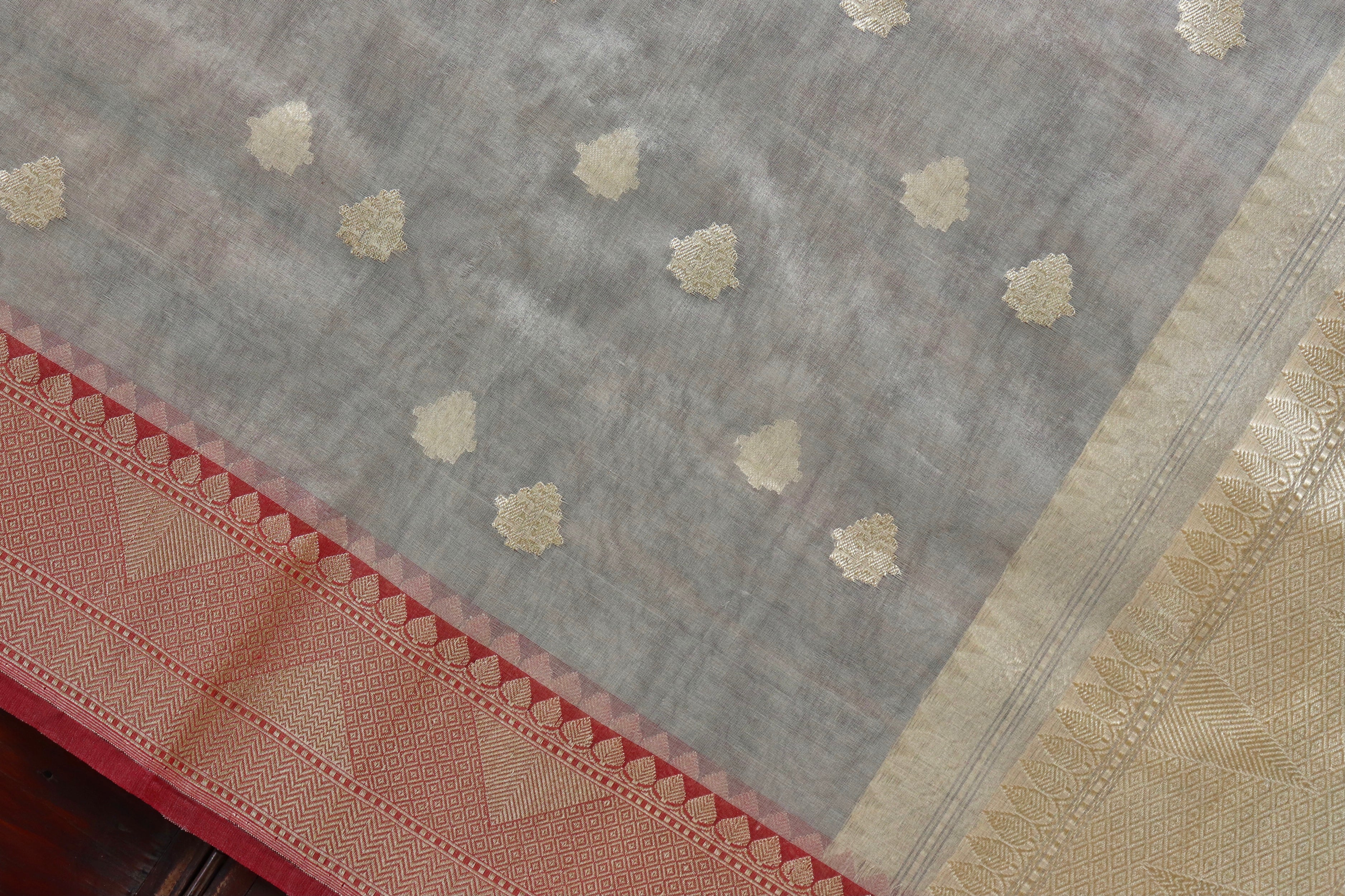 Beige Leaf Motif Pure Kora Silk Handloom Banarasi Dupatta