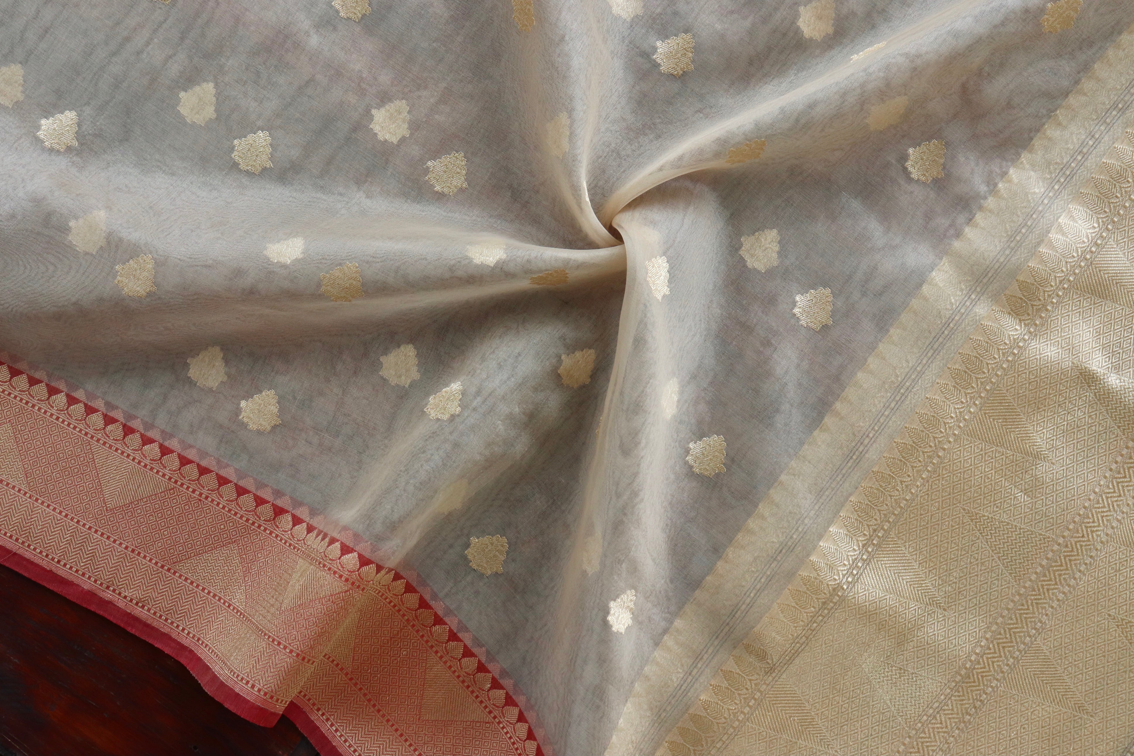 Beige Leaf Motif Pure Kora Silk Handloom Banarasi Dupatta