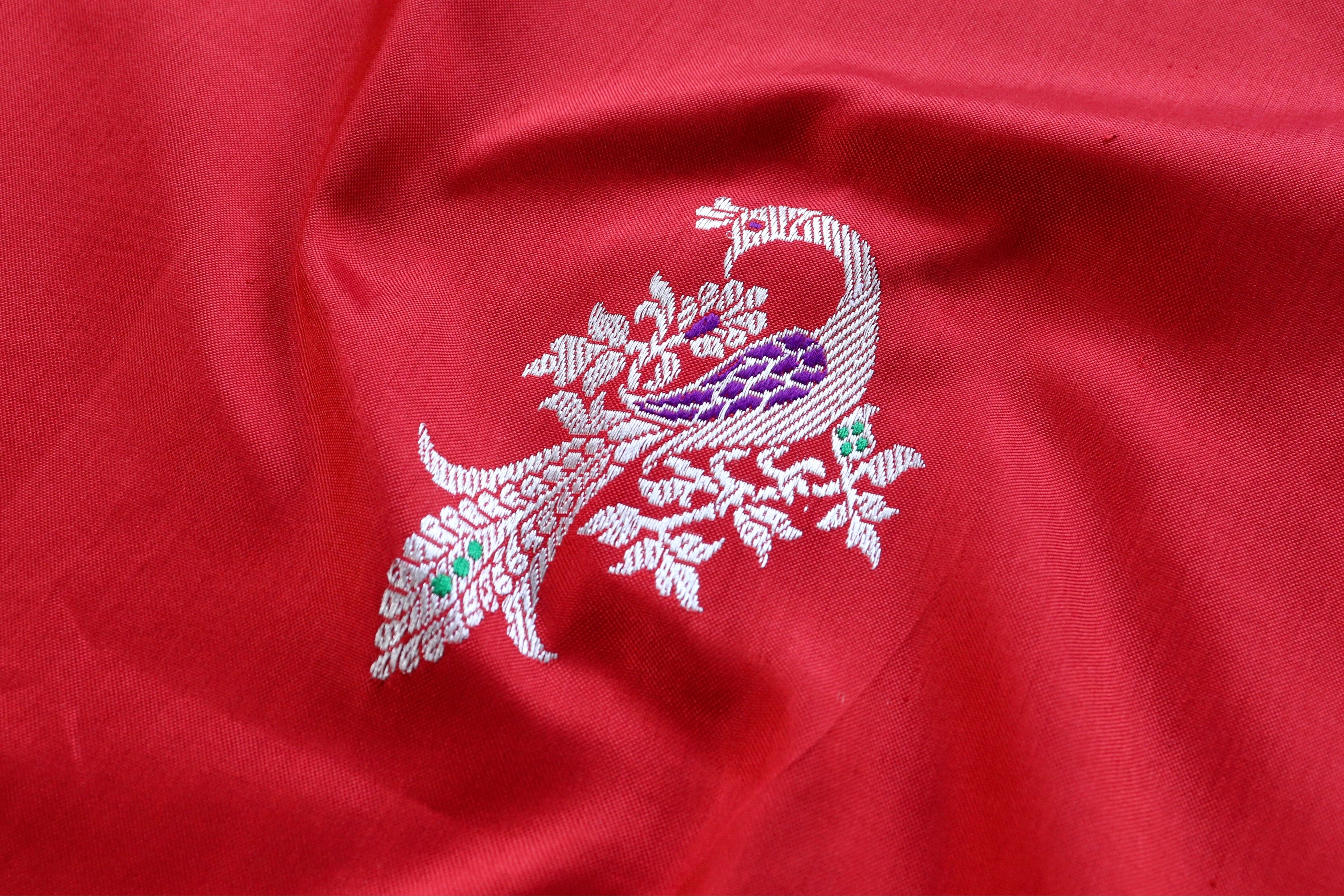 Red Peacock Motif Pure Silk Handloom Banarasi Dupatta