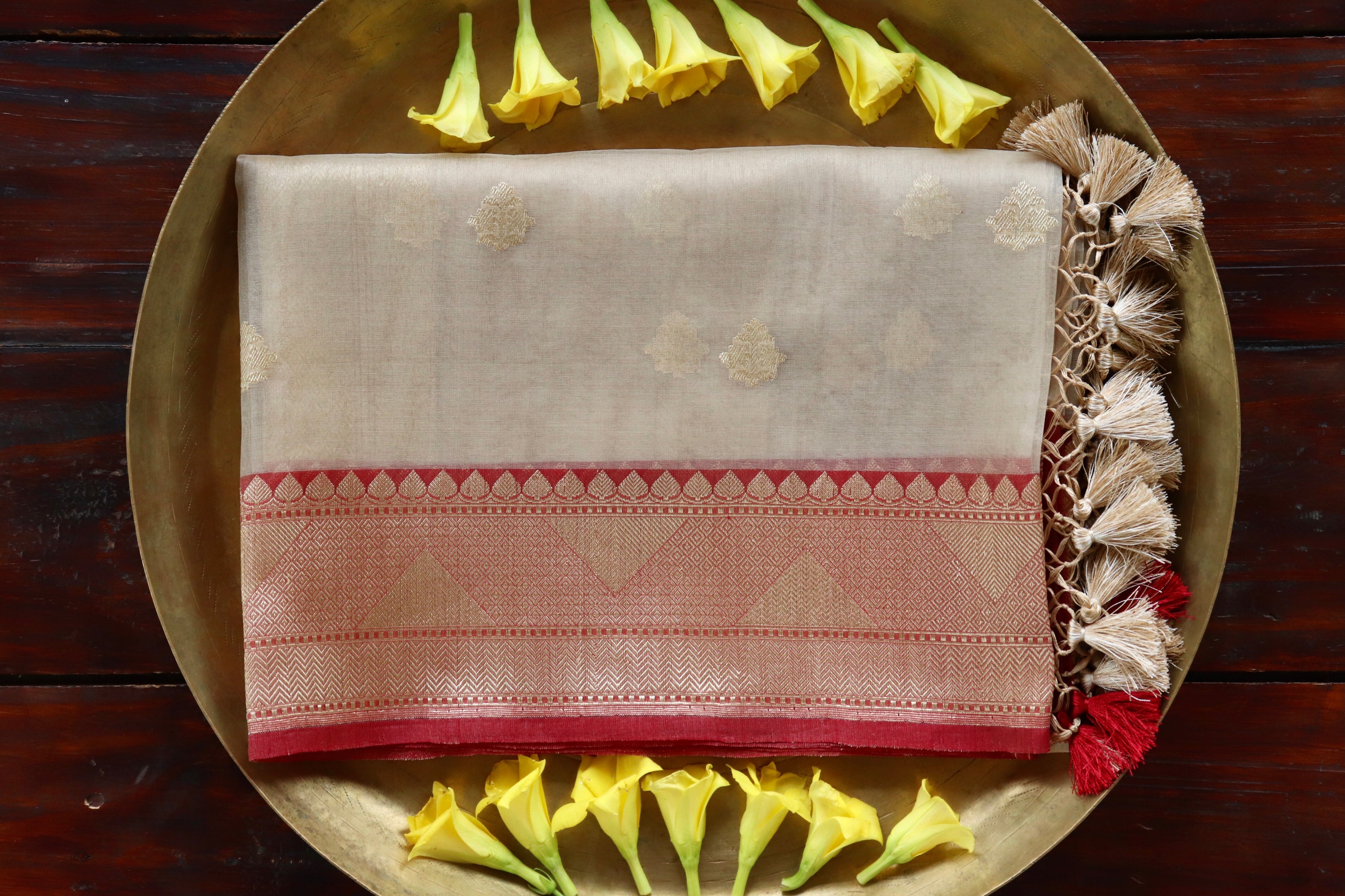 Beige Leaf Motif Pure Kora Silk Handloom Banarasi Dupatta