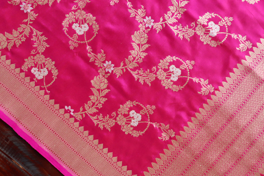 Pink Jangla Pure Silk Handloom Banarasi Dupatta