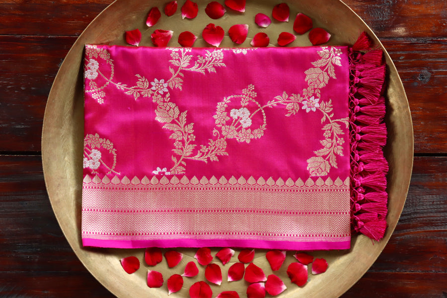 Pink Jangla Pure Silk Handloom Banarasi Dupatta
