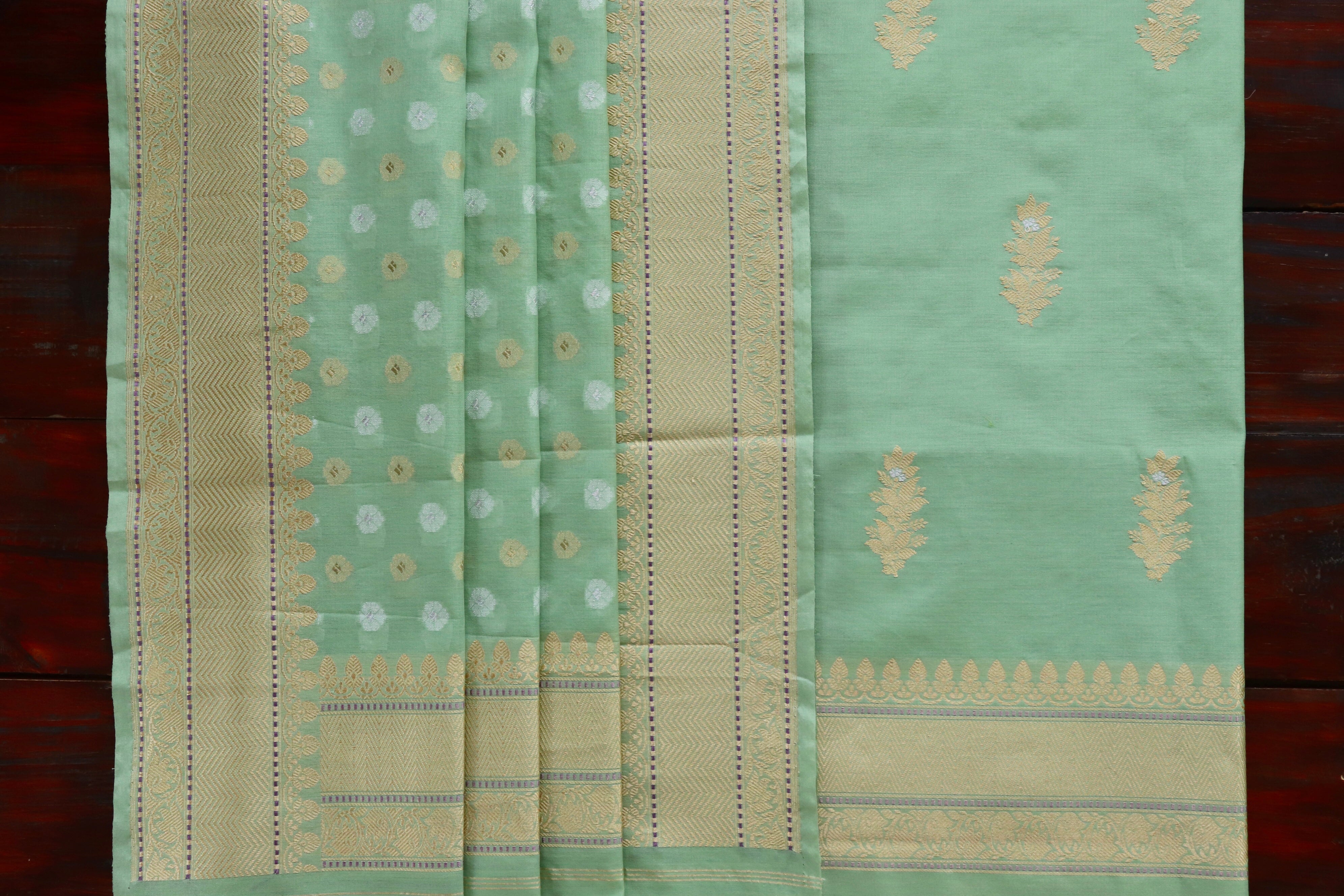 Pistachio Green Kora Silk Handloom Banarasi Suit Set