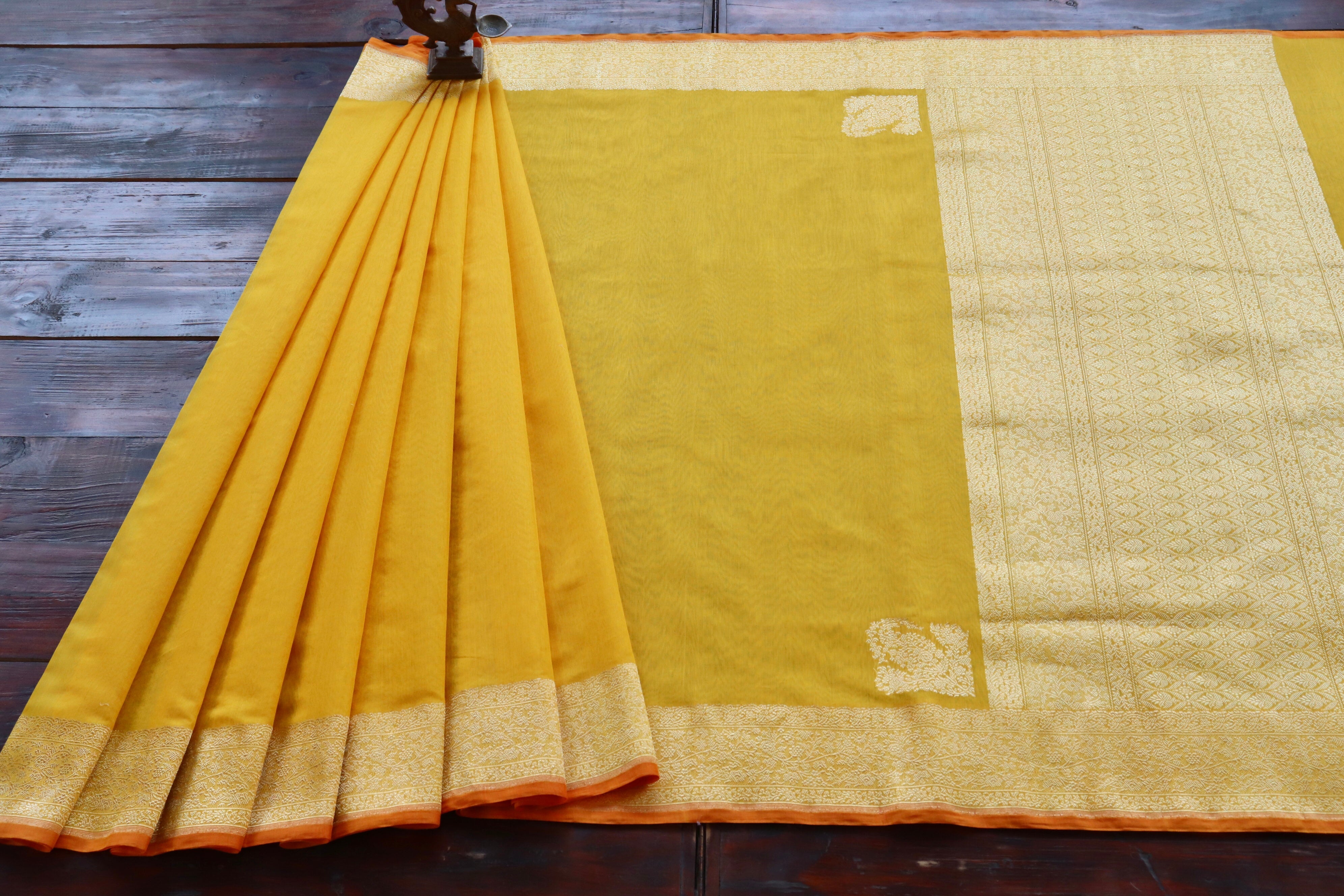 Mango Yellow Kuniya Organza Silk By Cotton Handloom Saree