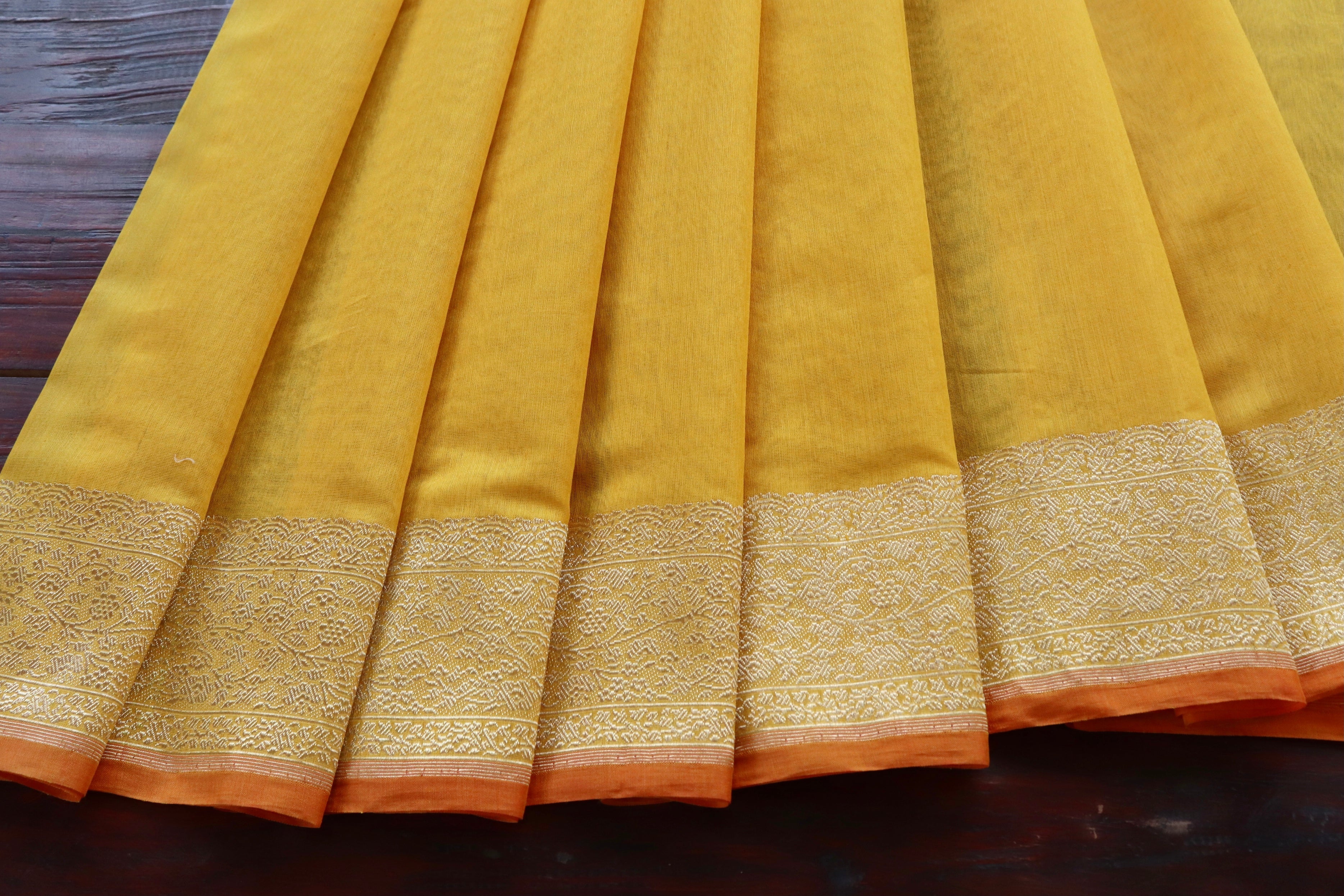 Mango Yellow Kuniya Organza Silk By Cotton Handloom Saree