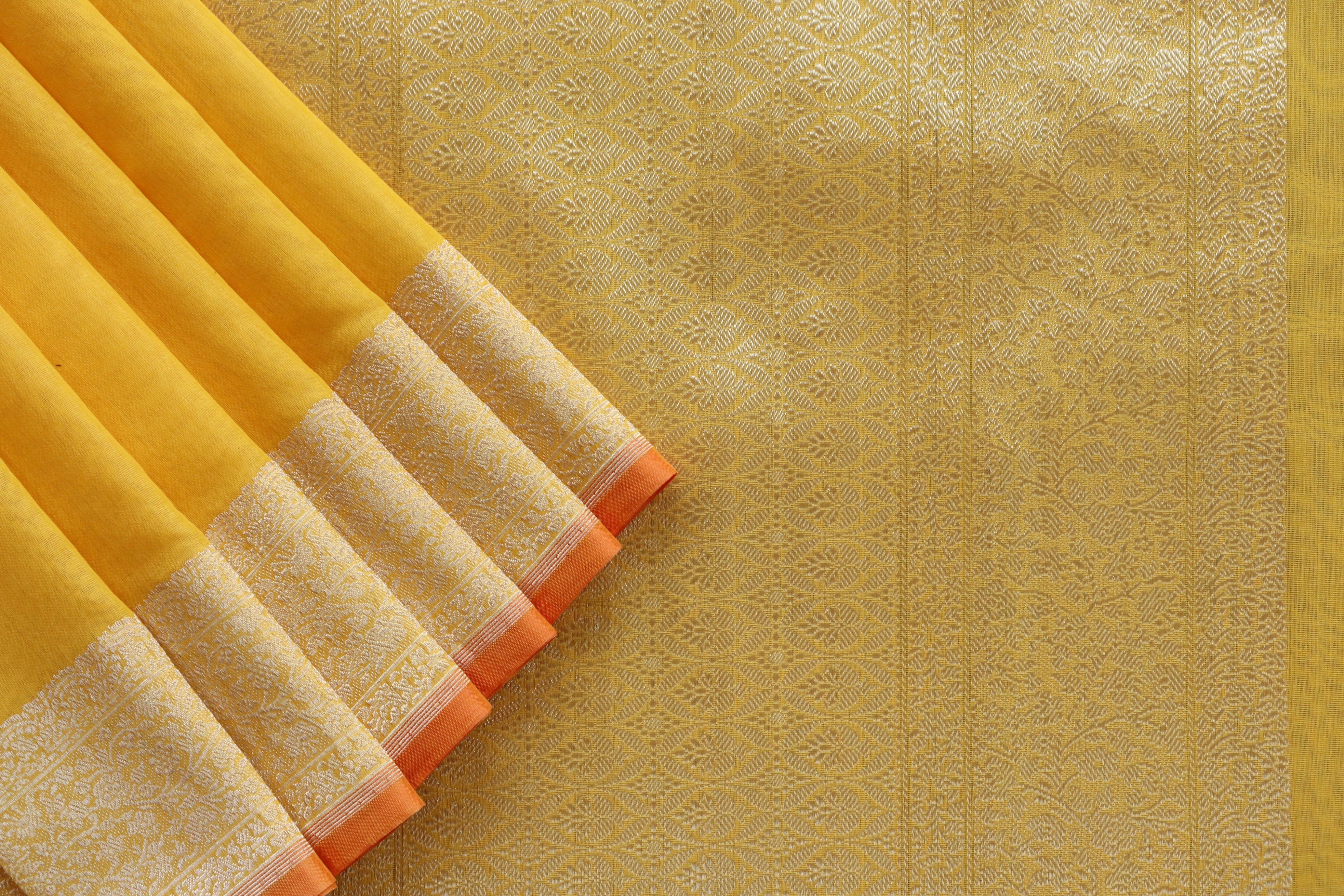 Mango Yellow Kuniya Organza Silk By Cotton Handloom Saree