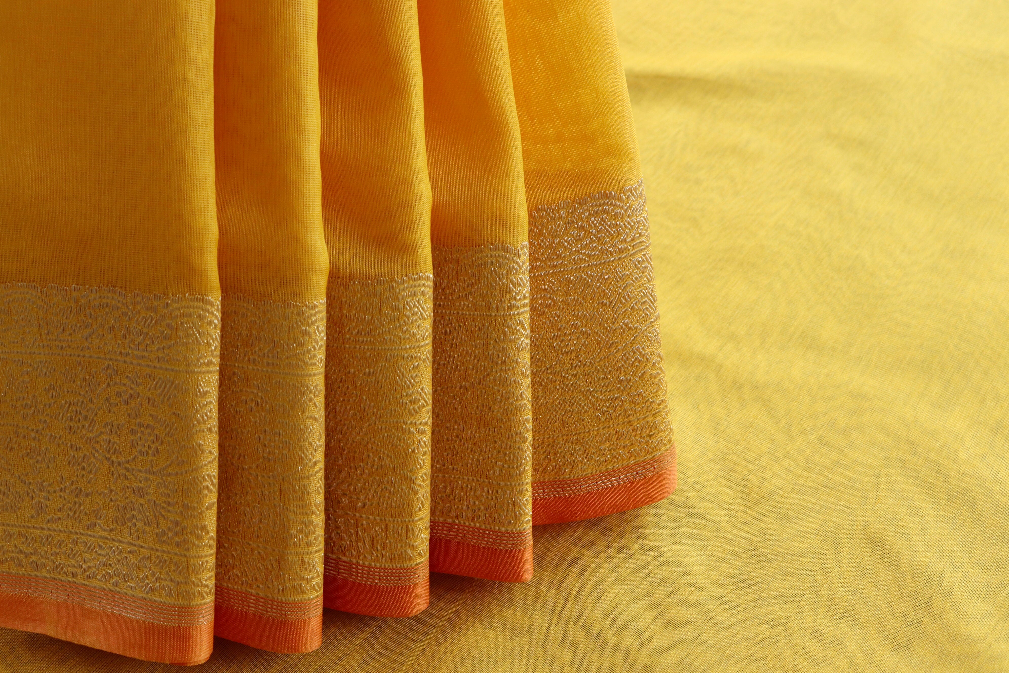 Mango Yellow Kuniya Organza Silk By Cotton Handloom Saree