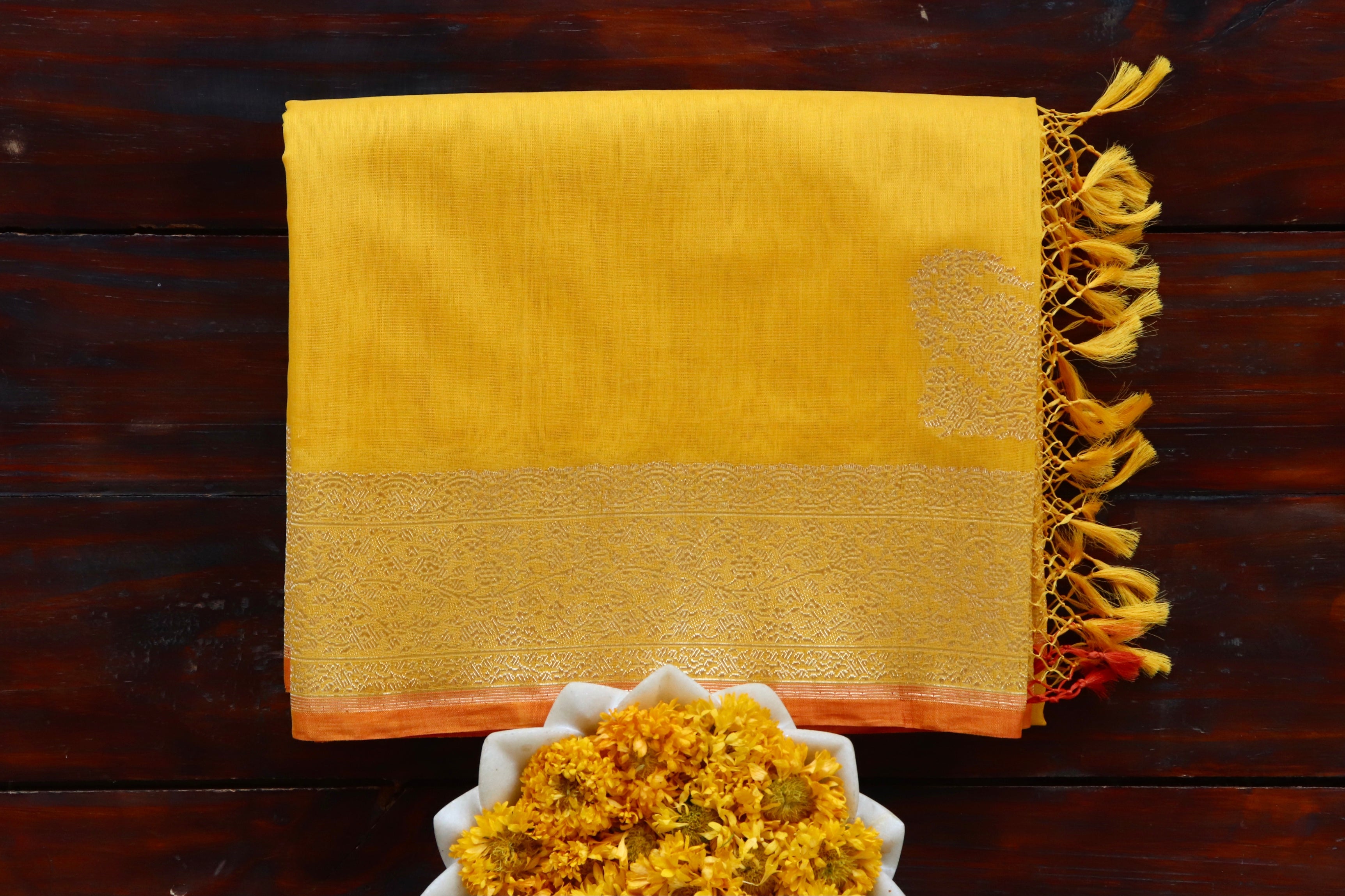 Mango Yellow Kuniya Organza Silk By Cotton Handloom Saree