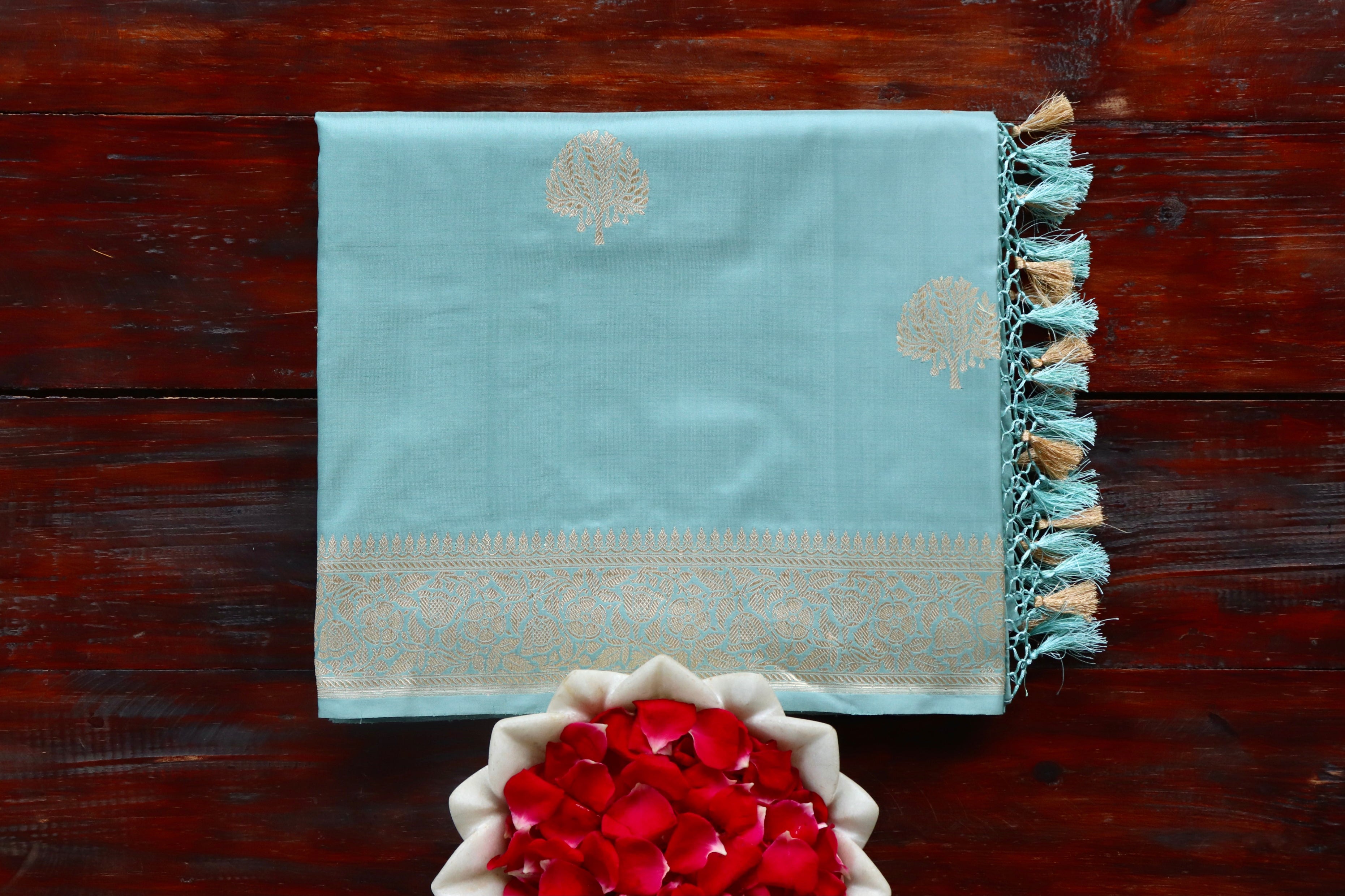 Sky Blue Kadhua Motif Pure Silk Handloom Banarasi Saree