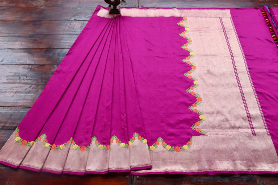 Magenta Pink Floral Border Pure Silk Banarasi Saree | Stuti Weaves
