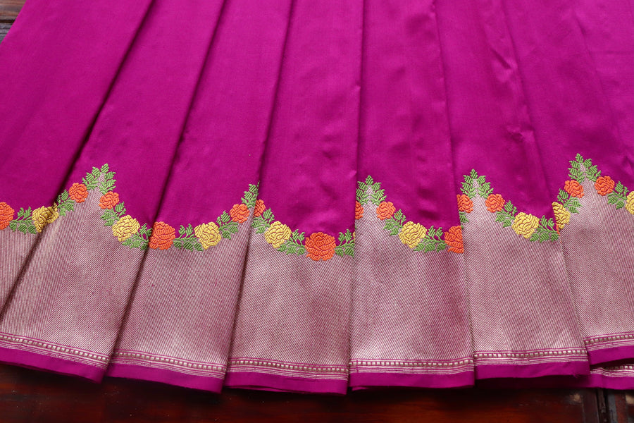 Magenta Pink Floral Border Pure Silk Banarasi Saree | Stuti Weaves