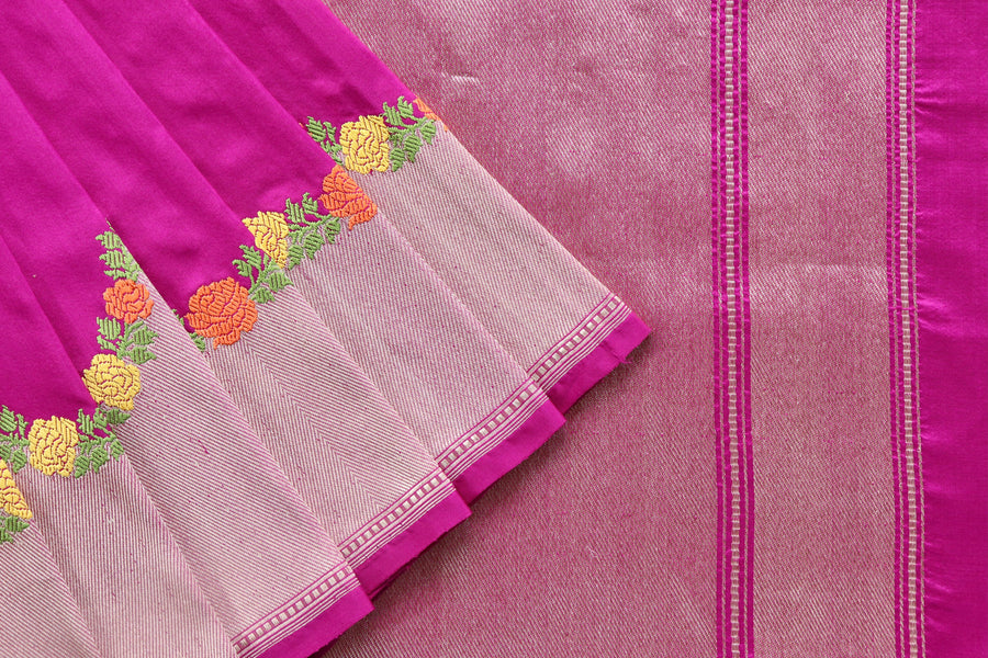 Magenta Pink Floral Border Pure Silk Banarasi Saree | Stuti Weaves