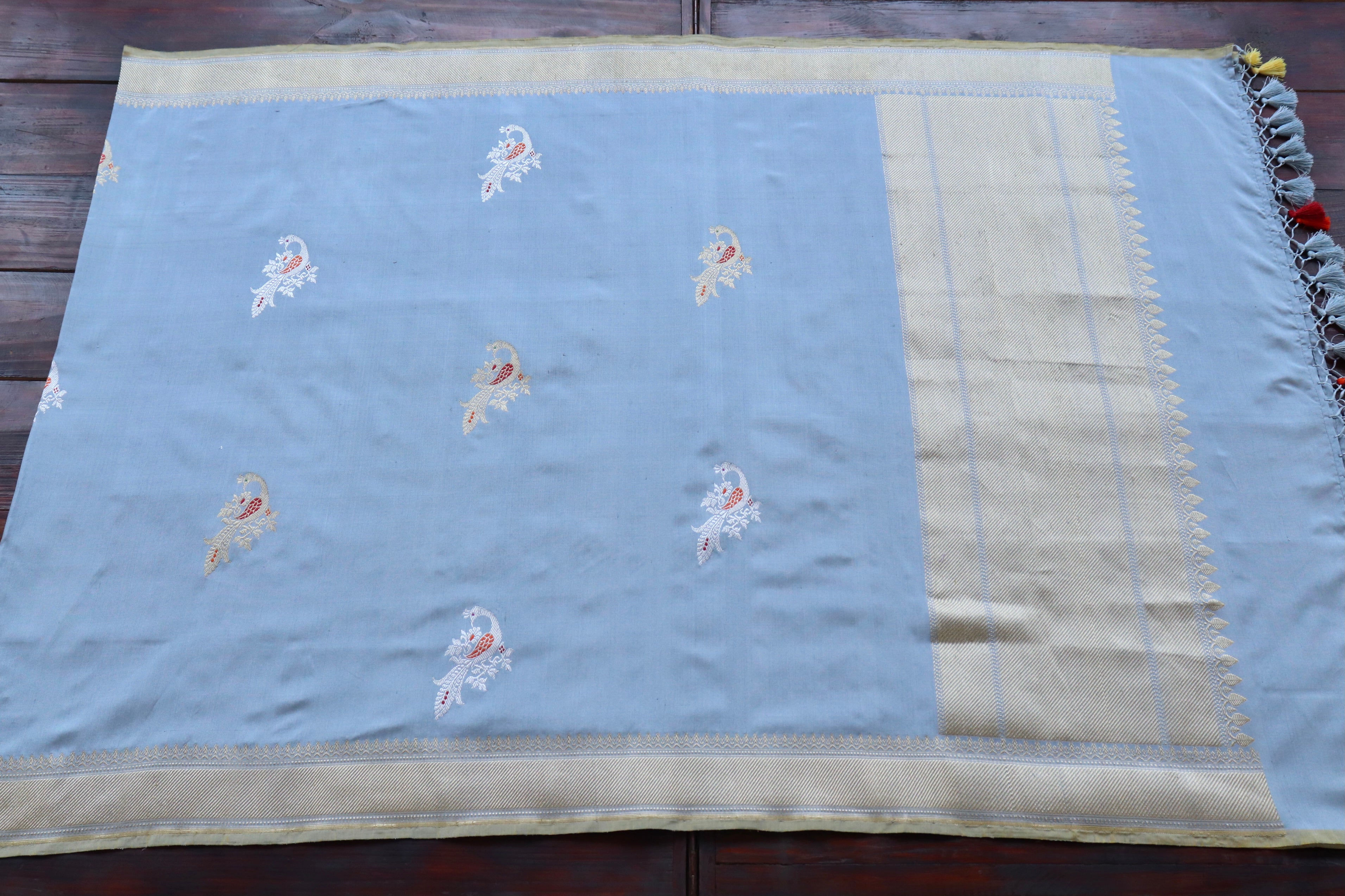Powder Blue Bird Motif Pure Silk Handloom Banarasi Dupatta