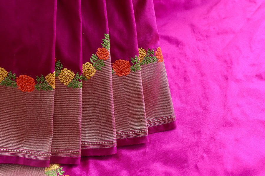 Magenta Pink Floral Border Pure Silk Banarasi Saree | Stuti Weaves