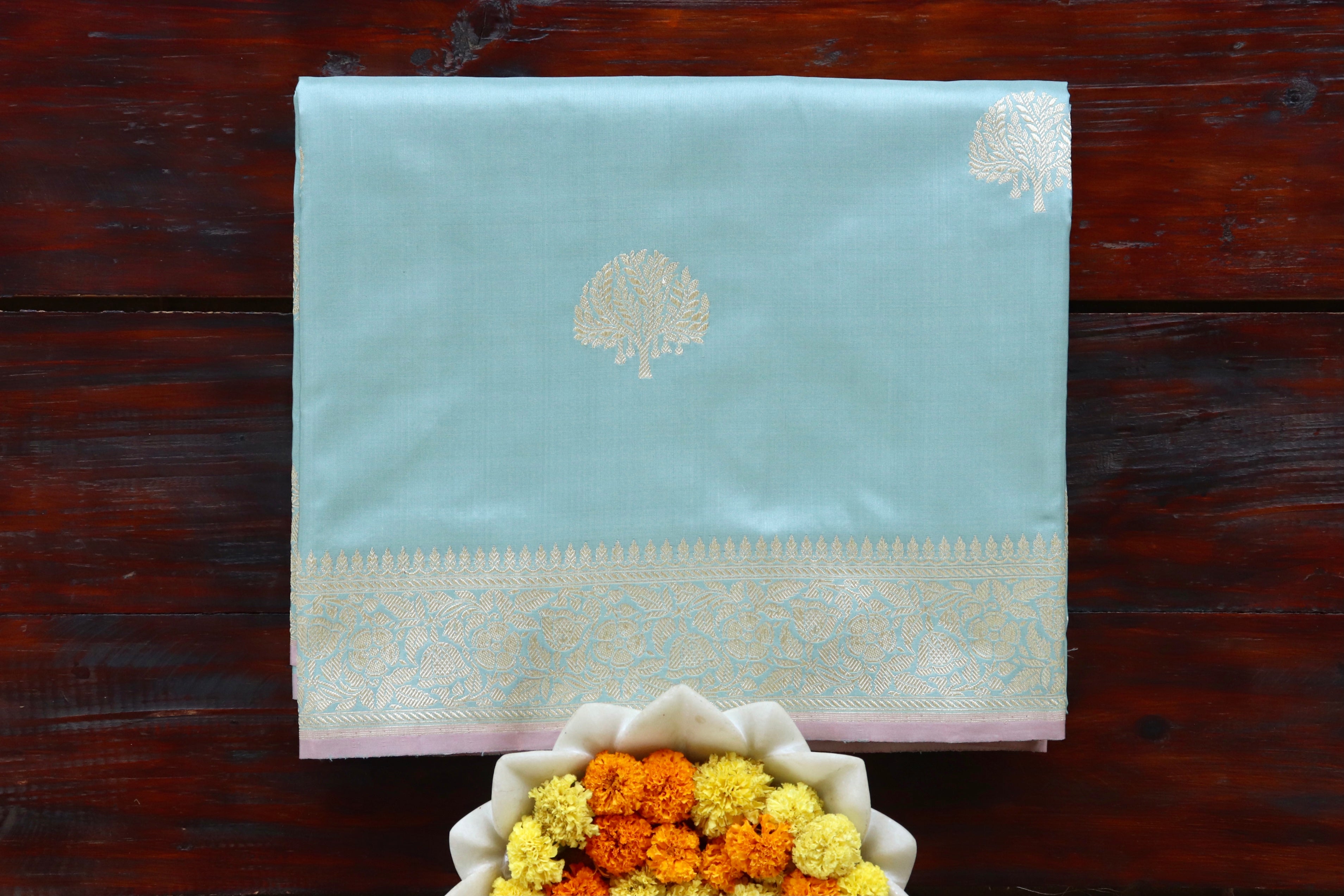 Powder Blue Kadhua Motif Pure Silk Handloom Banarasi Saree