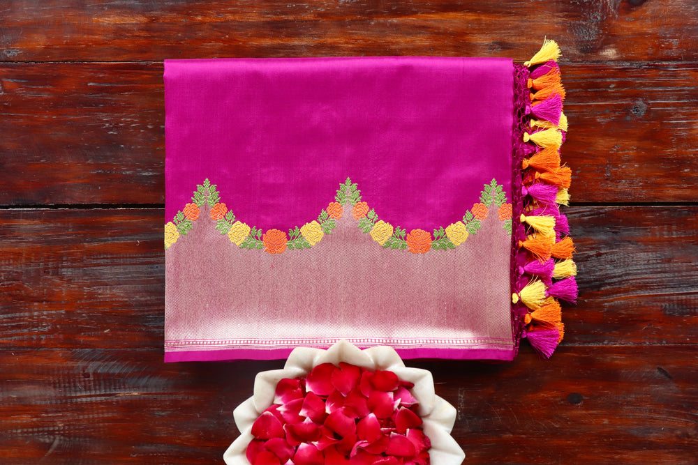 Magenta Pink Floral Border Pure Silk Banarasi Saree | Stuti Weaves