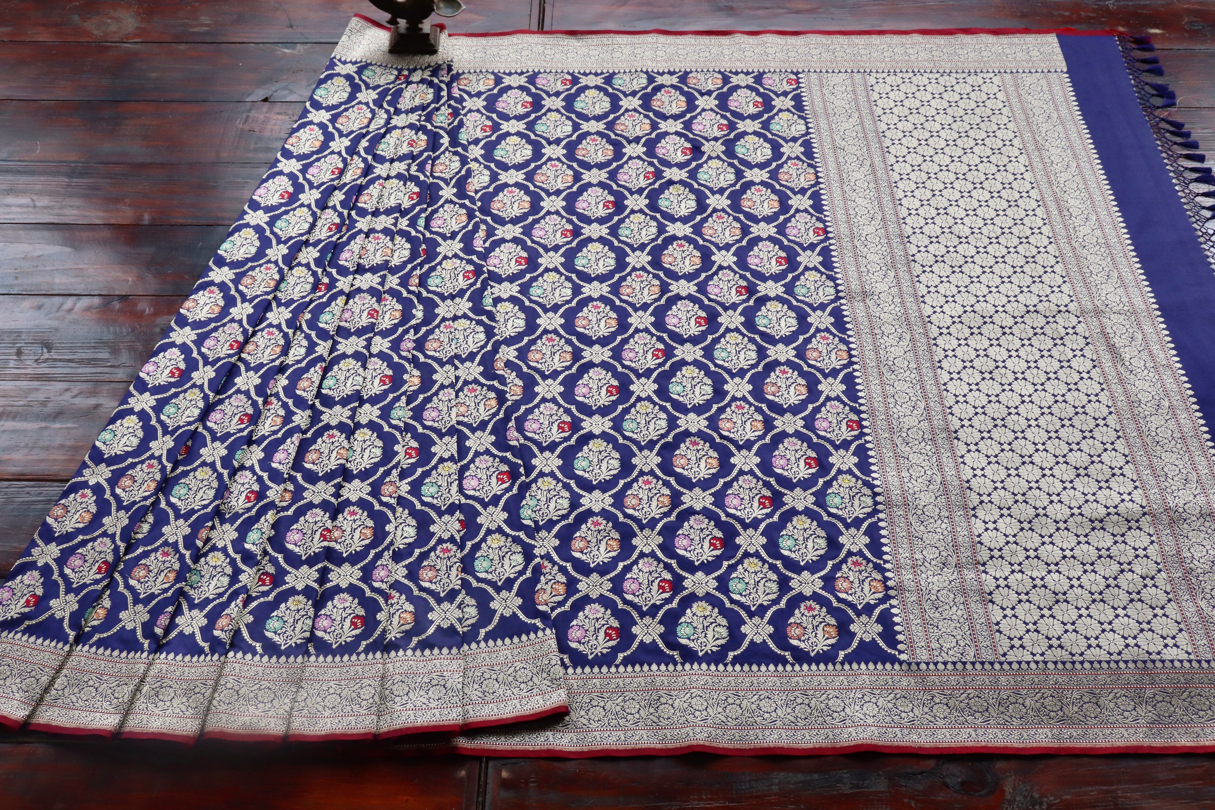 Navy Blue Meenadar Pure Silk Handloom Banarasi Jangla Saree