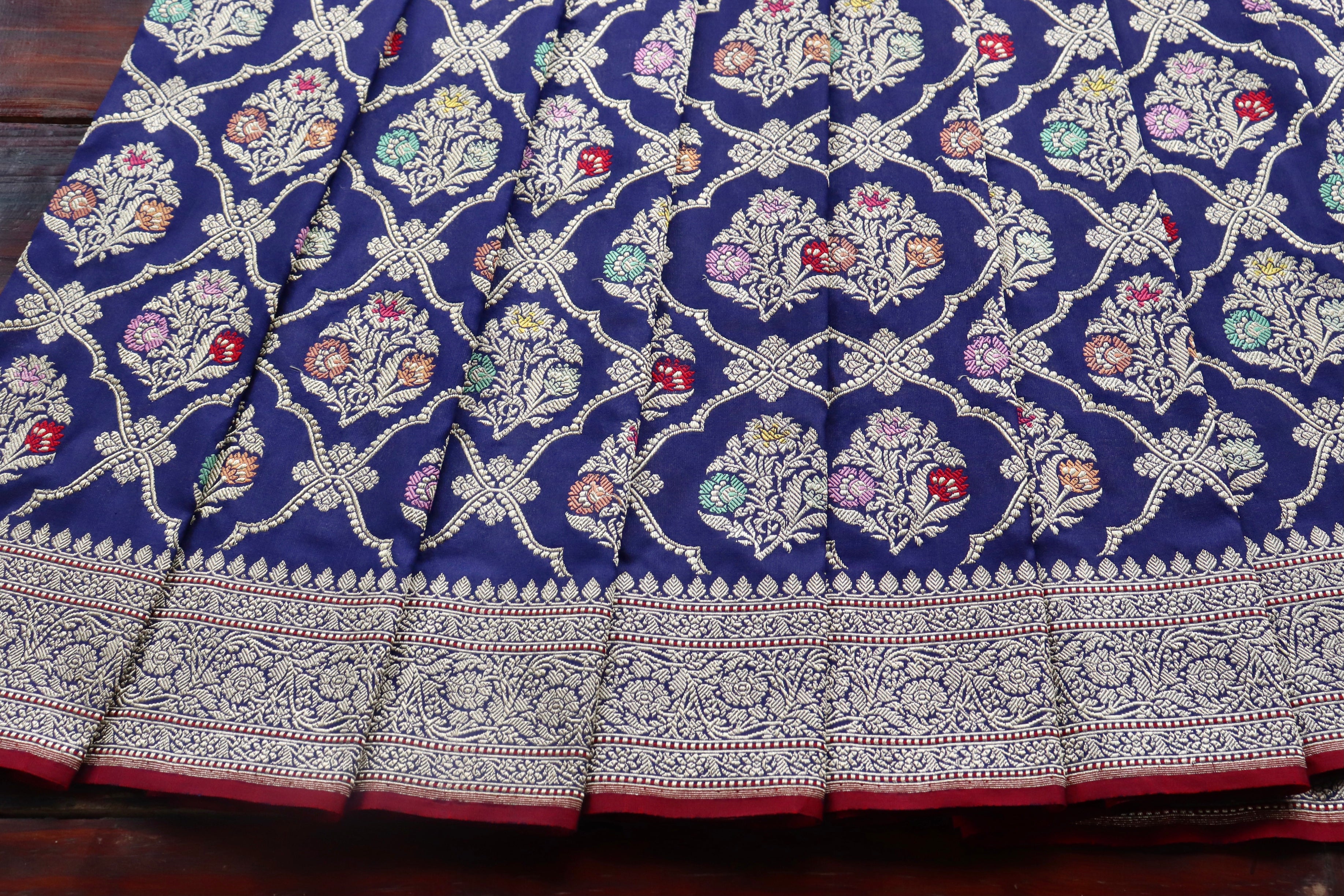 Navy Blue Meenadar Pure Silk Handloom Banarasi Jangla Saree