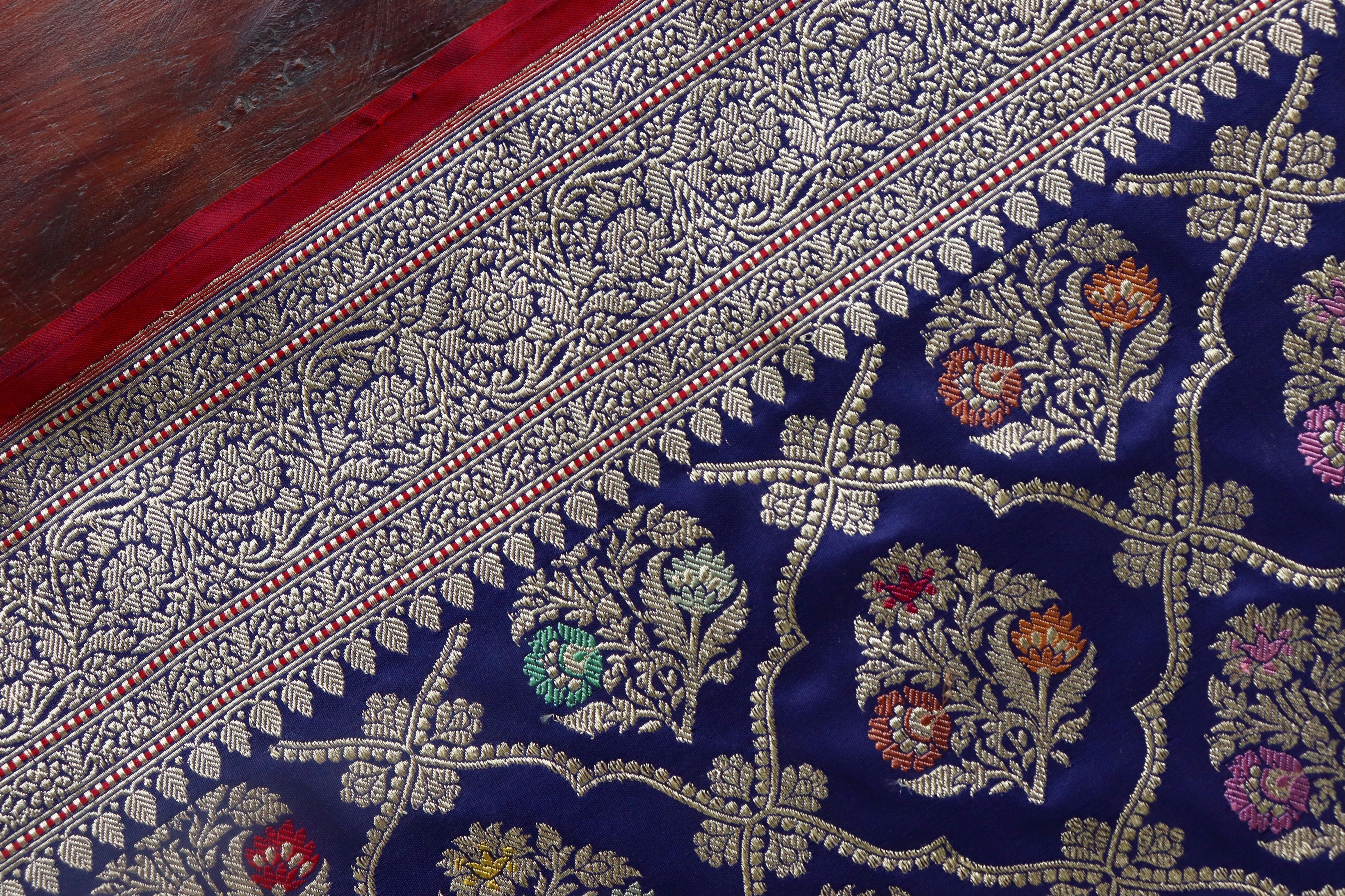 Navy Blue Meenadar Pure Silk Handloom Banarasi Jangla Saree