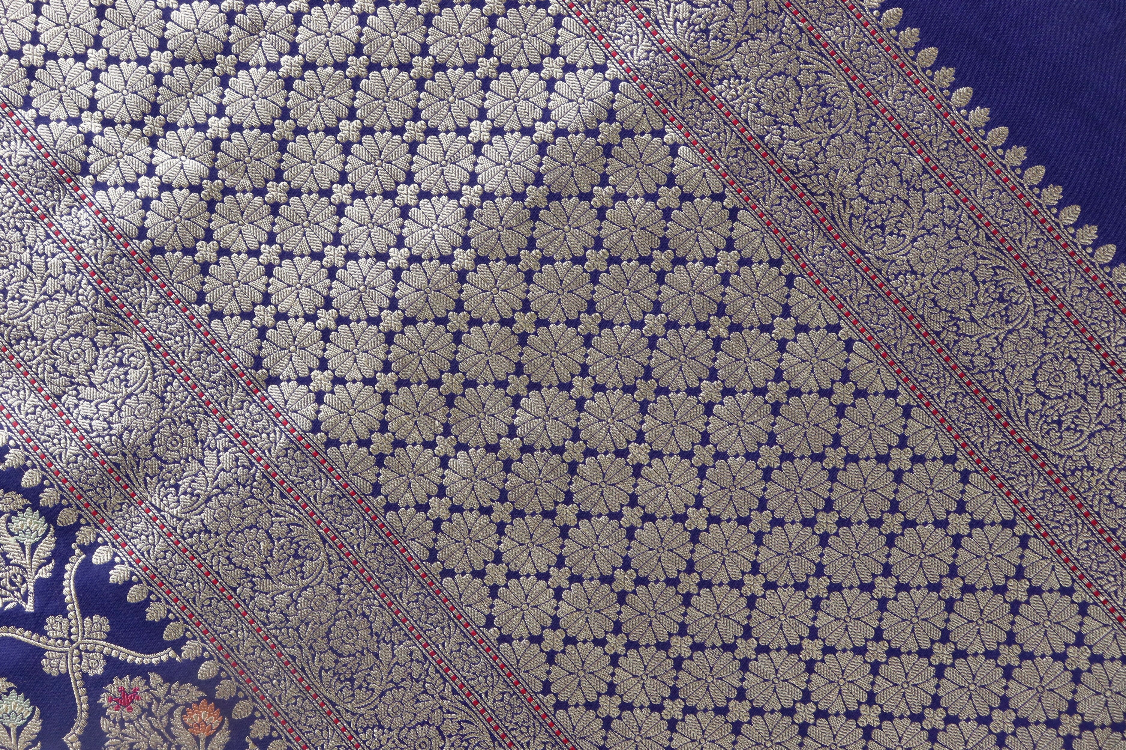 Navy Blue Meenadar Pure Silk Handloom Banarasi Jangla Saree