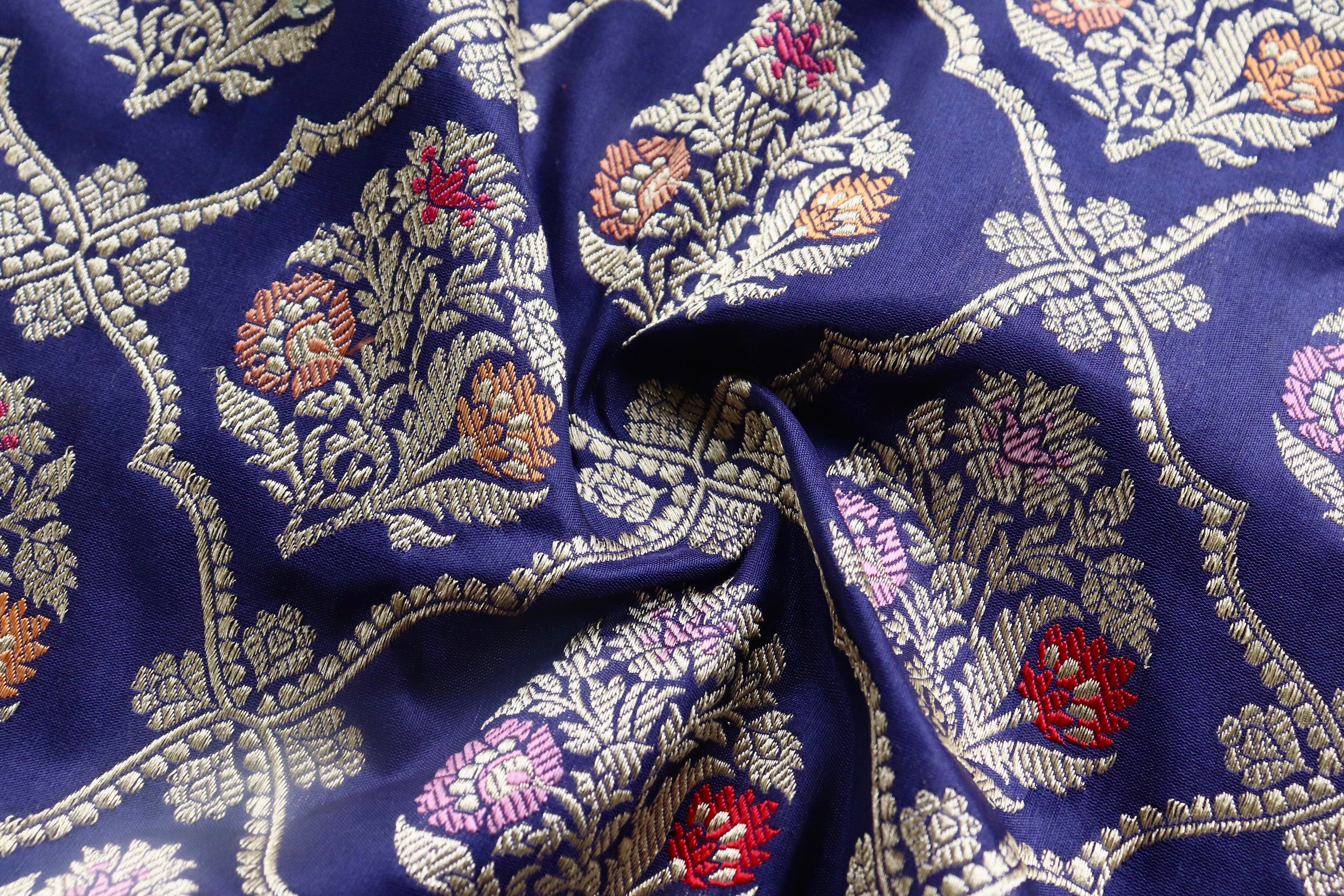 Navy Blue Meenadar Pure Silk Handloom Banarasi Jangla Saree