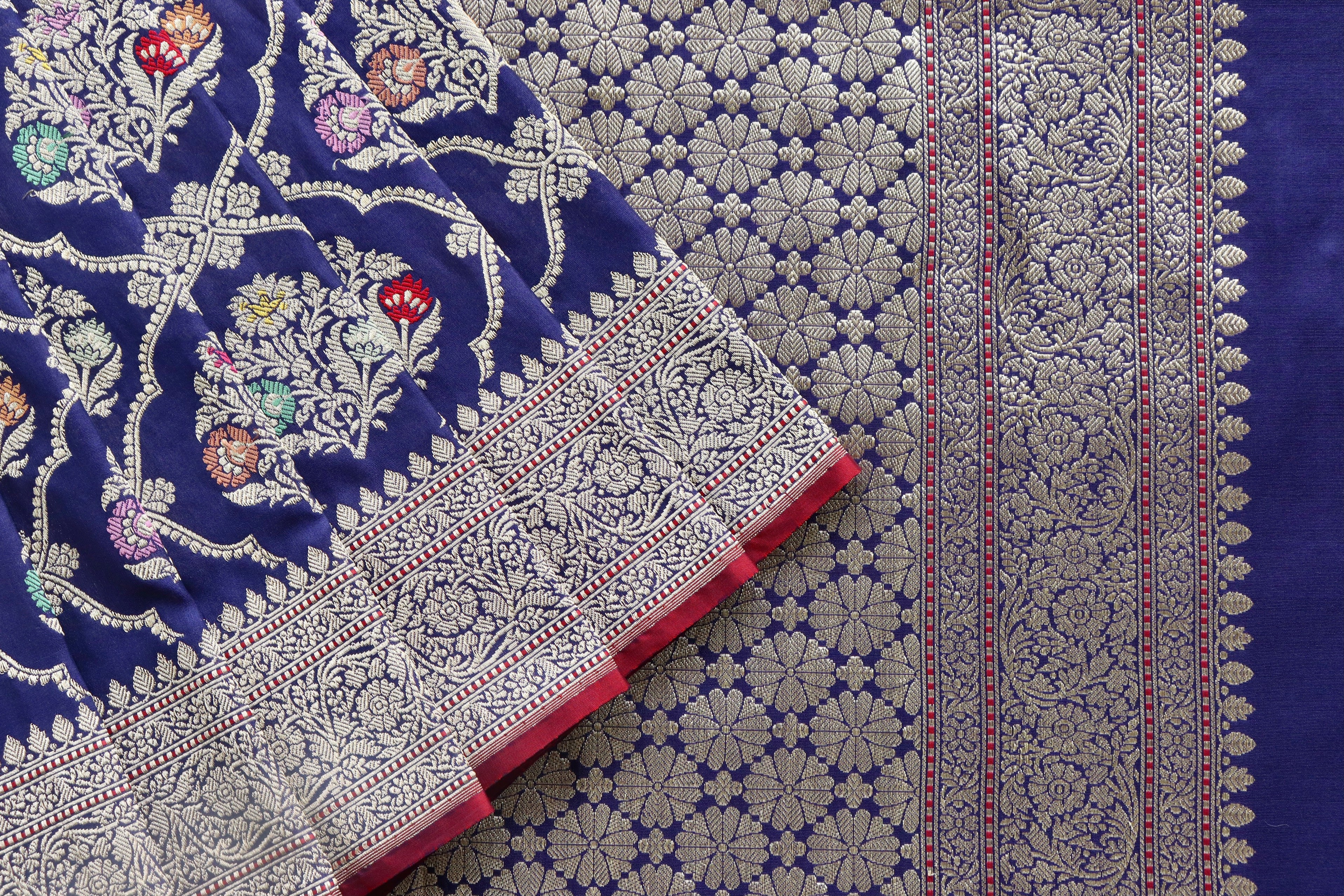 Navy Blue Meenadar Pure Silk Handloom Banarasi Jangla Saree