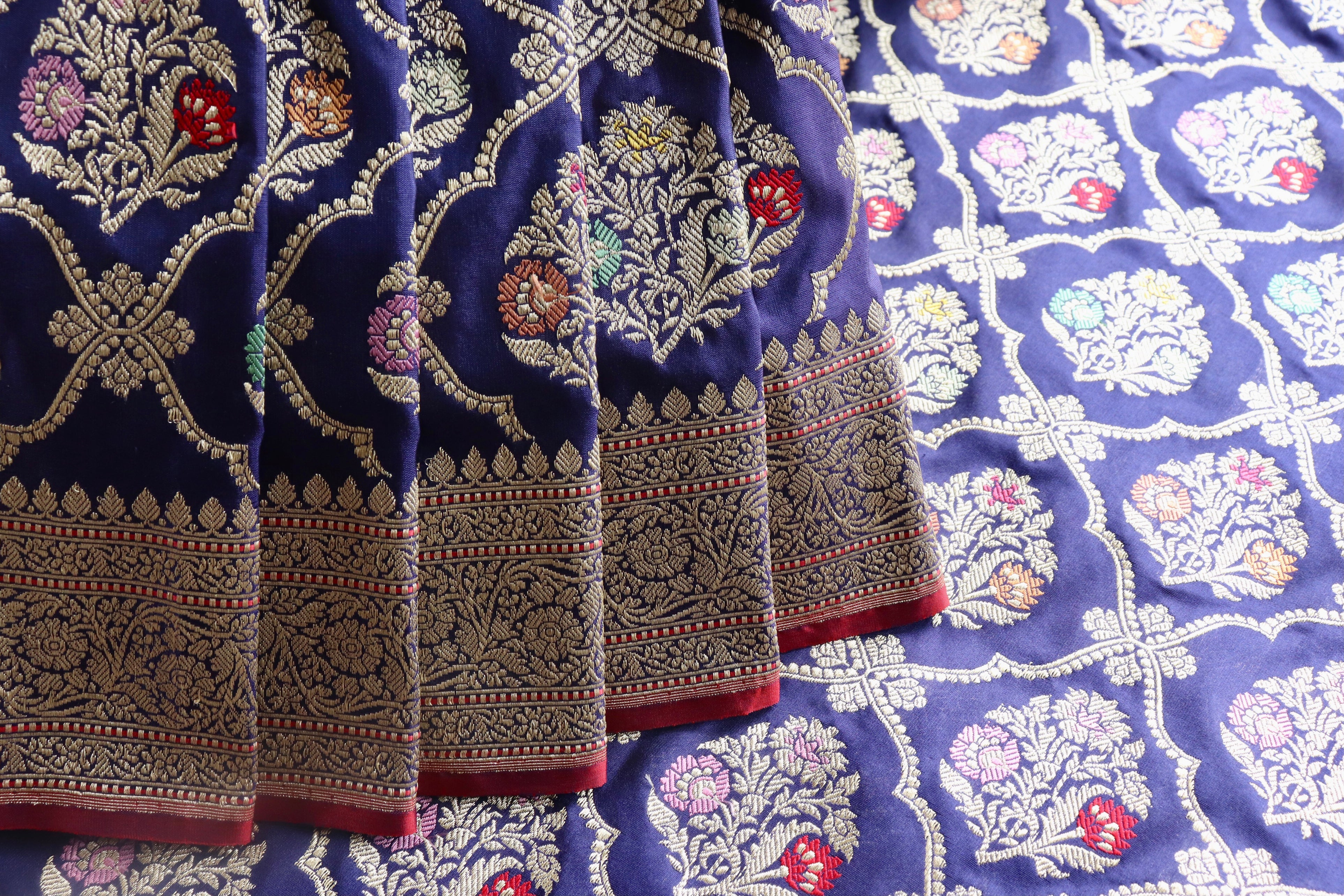 Navy Blue Meenadar Pure Silk Handloom Banarasi Jangla Saree