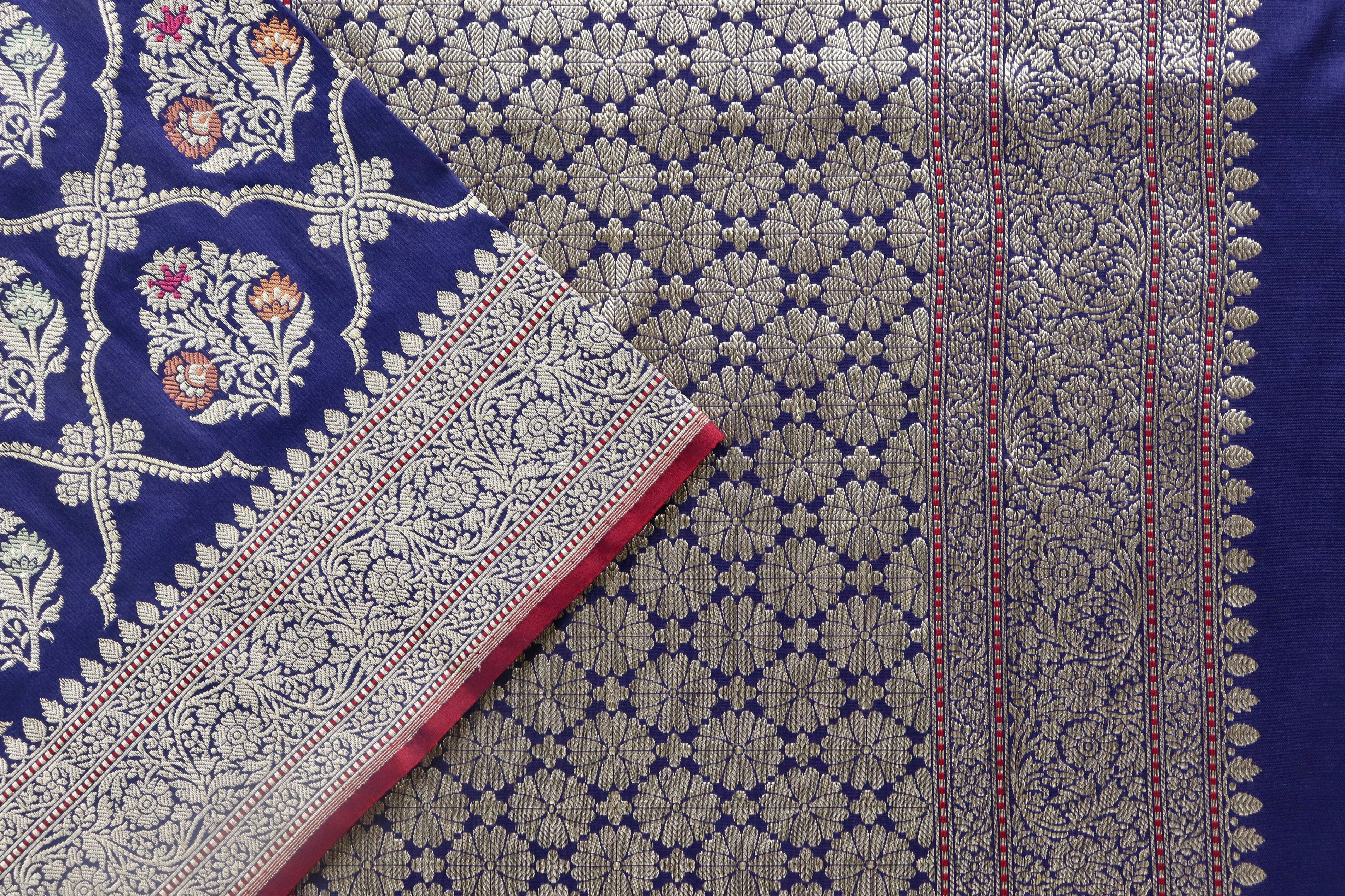 Navy Blue Meenadar Pure Silk Handloom Banarasi Jangla Saree