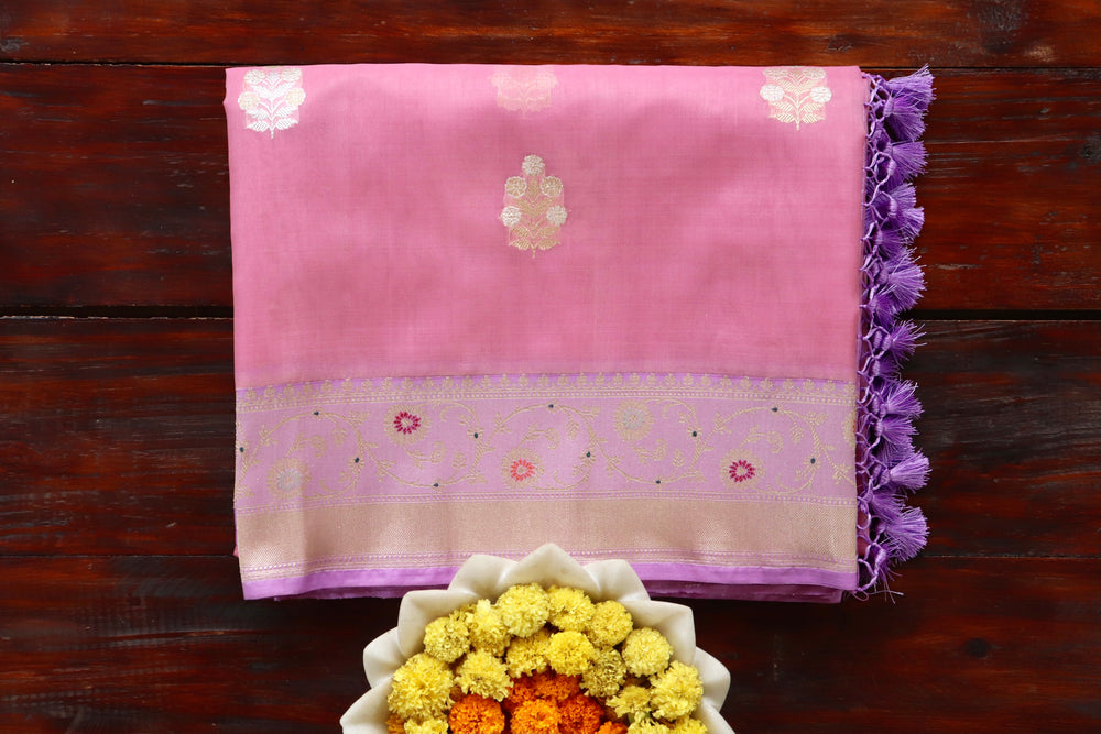 Pink Kadhua Pure Kora Silk Banarasi Saree | Stuti Weaves