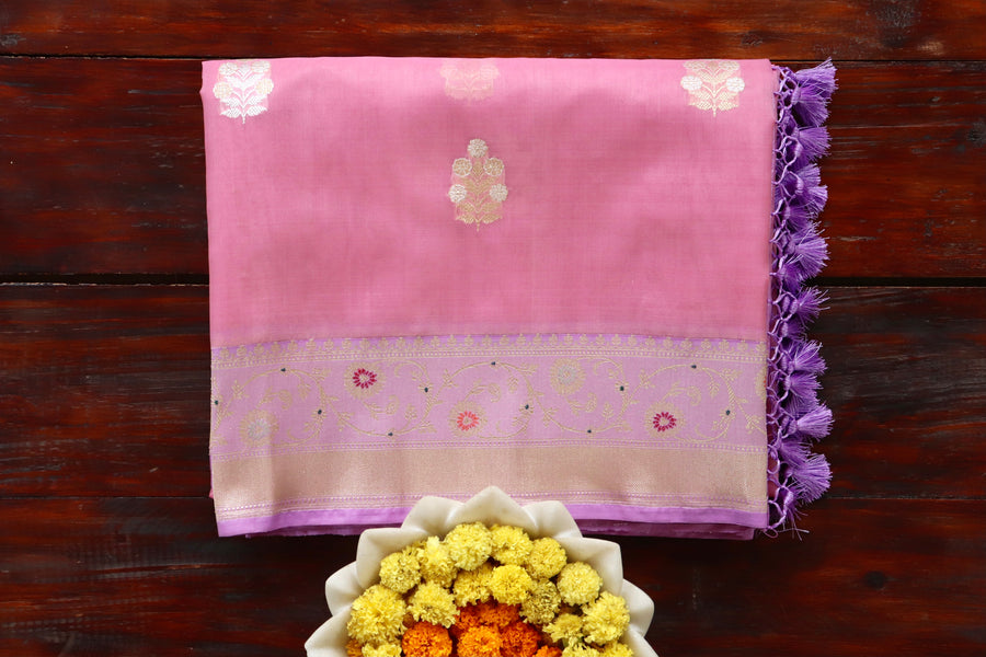 Pink Kadhua Pure Kora Silk Banarasi Saree | Stuti Weaves