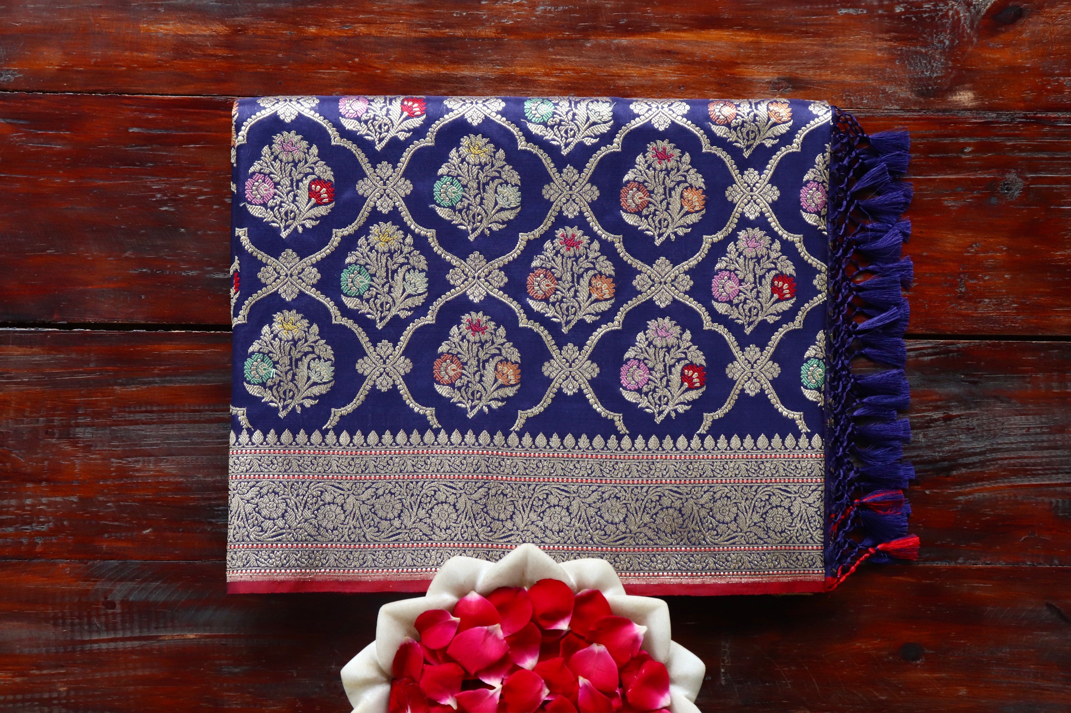 Navy Blue Meenadar Pure Silk Handloom Banarasi Jangla Saree