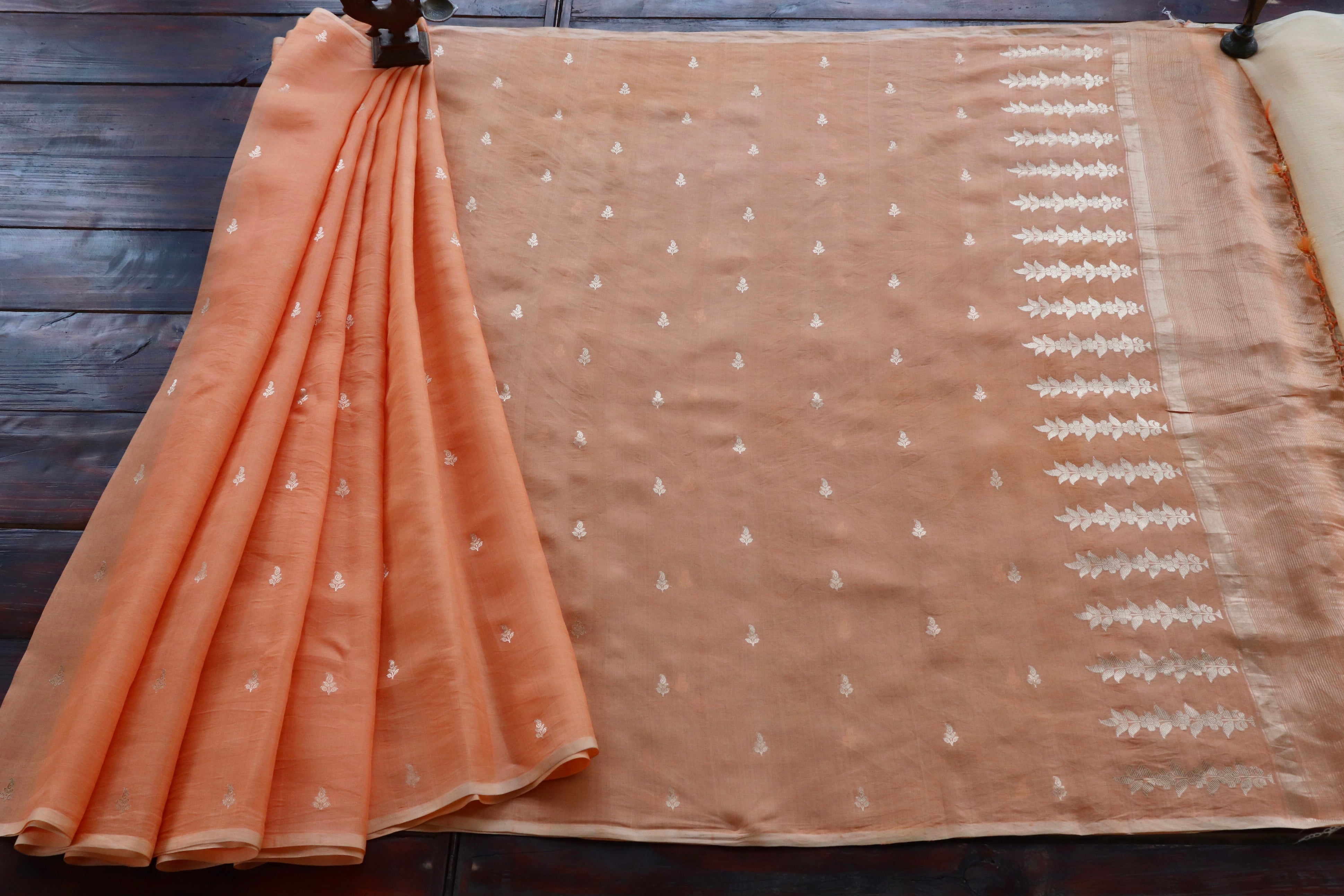 Tangerine Virsa Handwoven Banarasi Kora Silk Saree