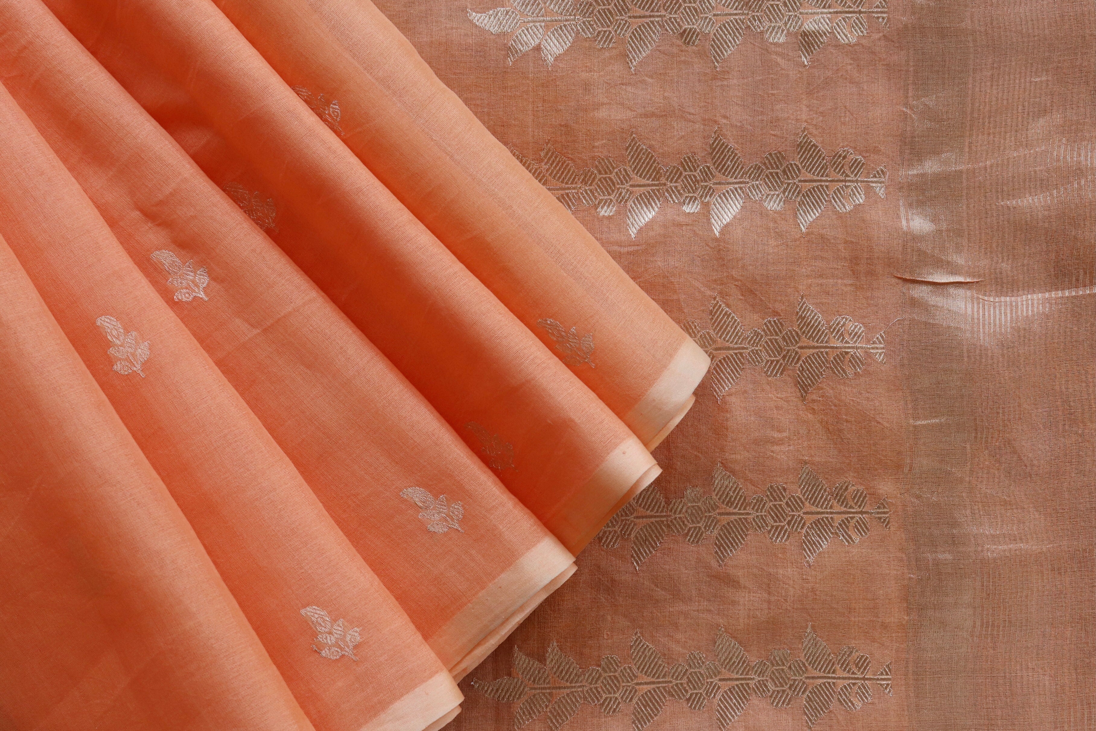 Tangerine Virsa Handwoven Banarasi Kora Silk Saree