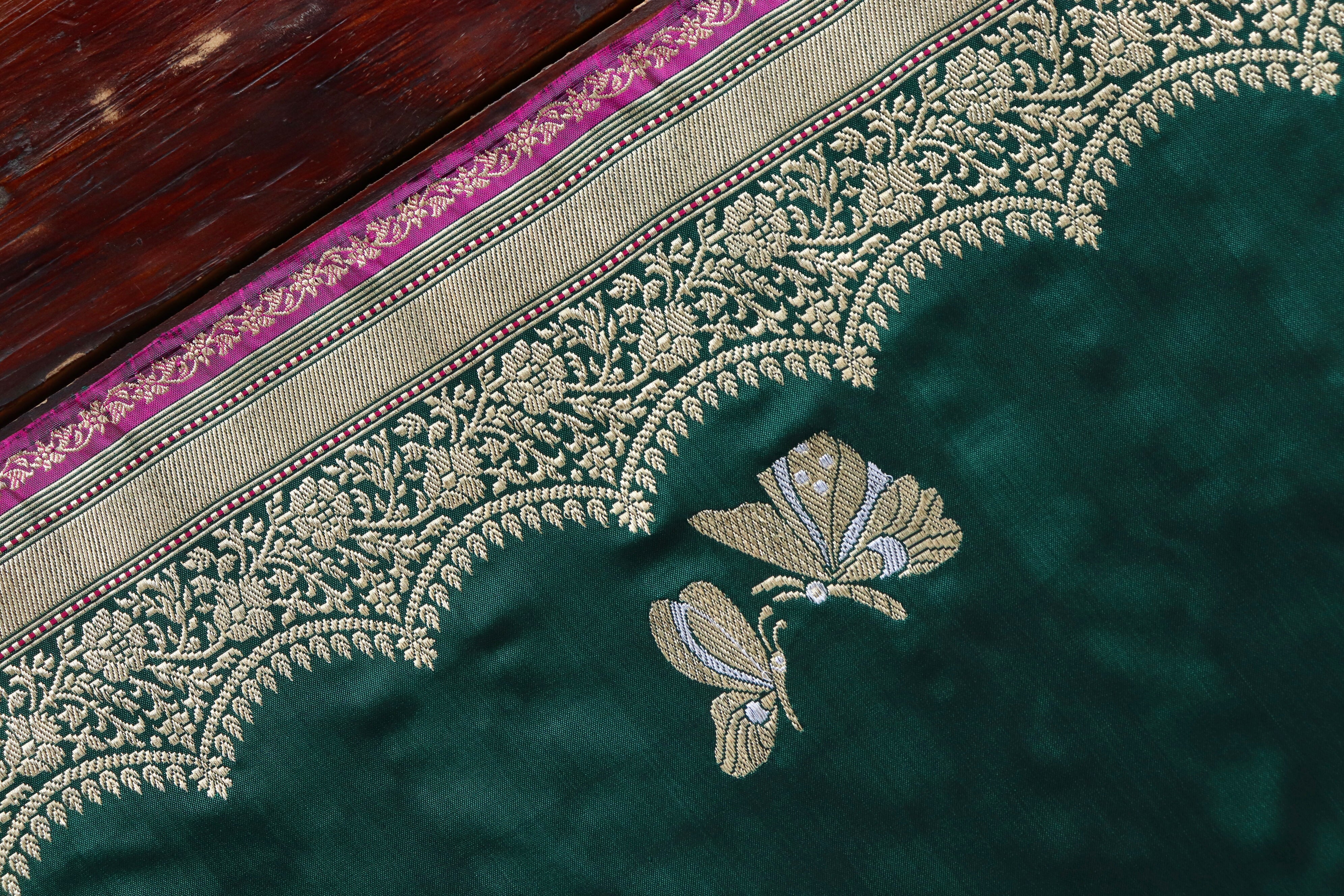 Forest Green Butterfly Motif Pure Silk Handloom Banarasi Saree