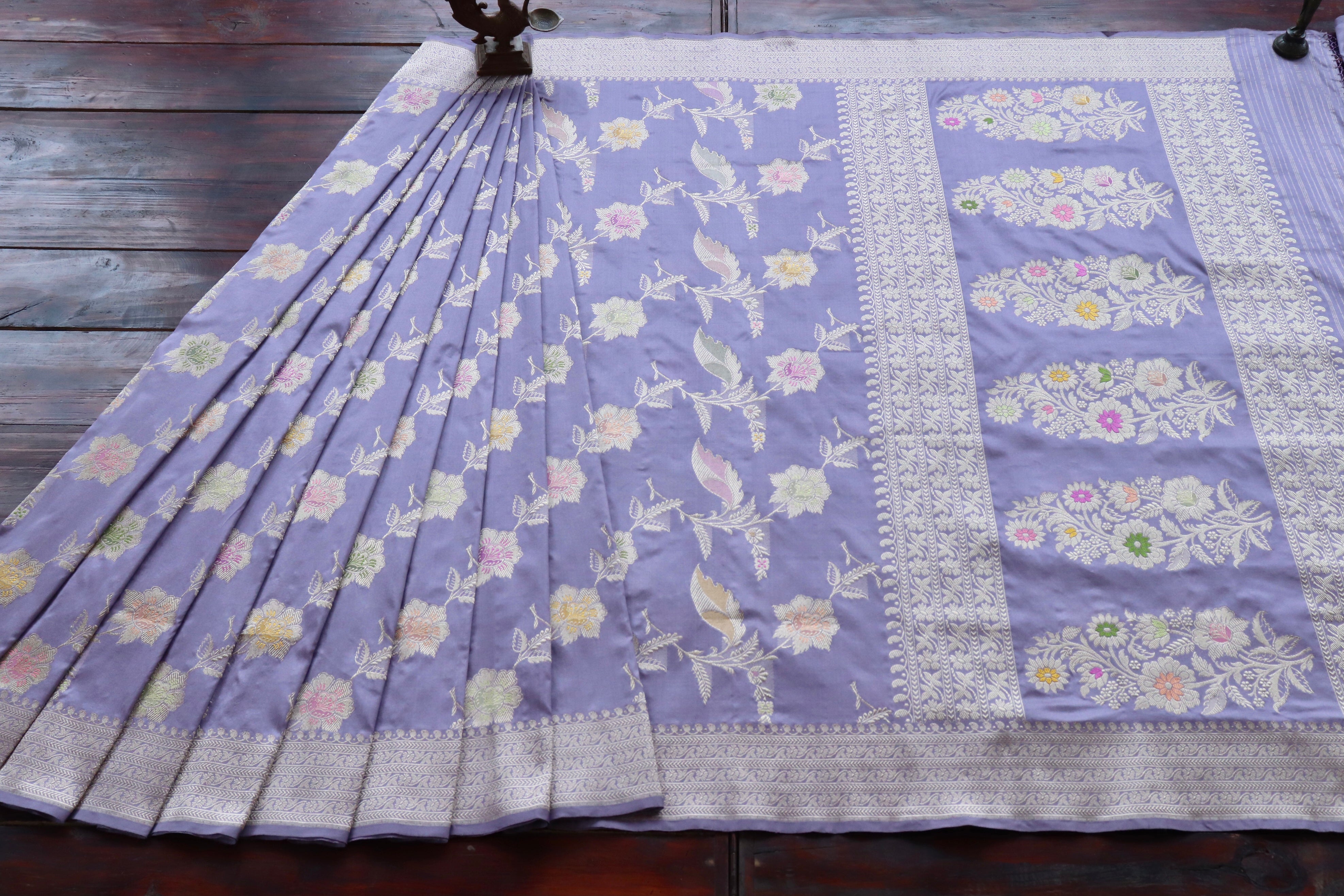 Lavender Meenadar Pure Silk Handloom Banarasi Jangla Saree