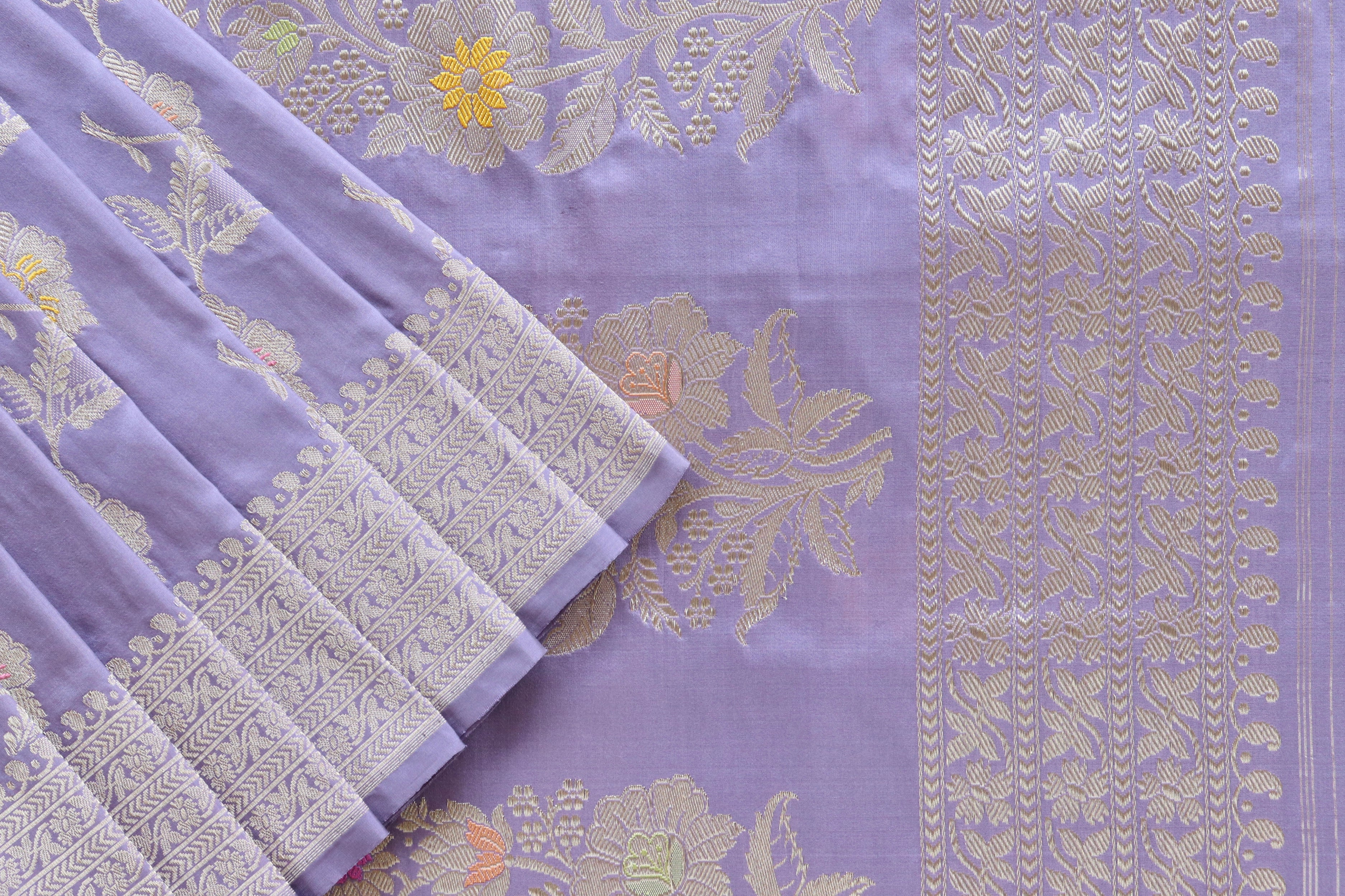 Lavender Meenadar Pure Silk Handloom Banarasi Jangla Saree