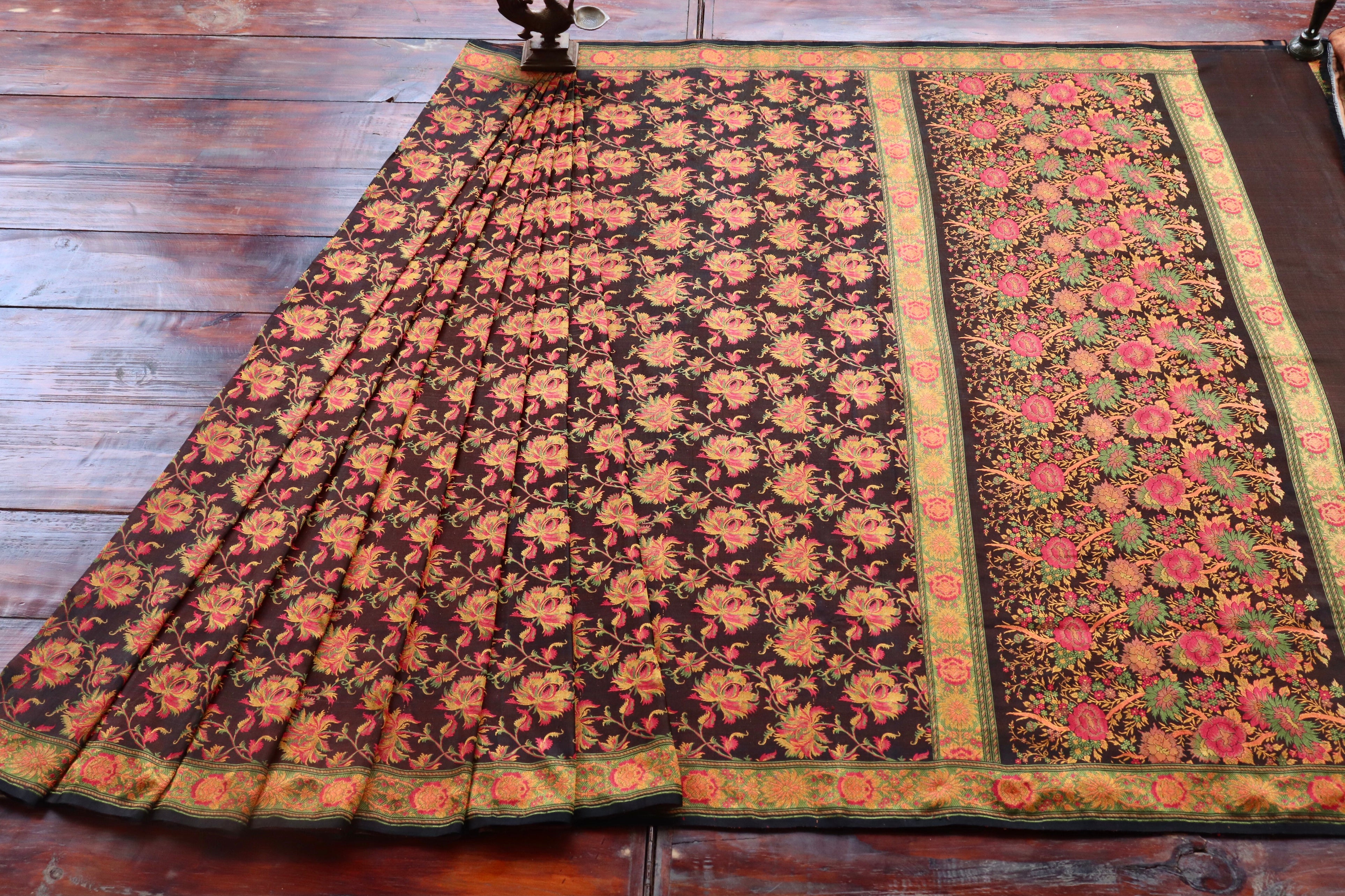 Multi Colour Brown Jamawar Tanchoi Satin Silk Saree