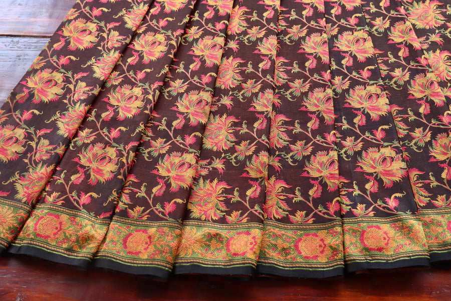 Multi Colour Brown Jamawar Tanchoi Satin Silk Saree